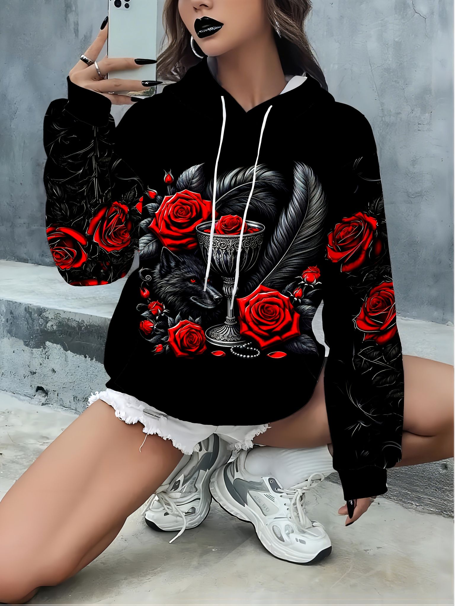 Gothic Style, Red Rose, Black Wolf and Holy Grail Print Hooded Sweatshirt, Made of Healthy Cloth Polyester Fiber, Red Roses Surround the Black Wolf and Retro Holy Grail, Full of Mysterious Retro Atmosphere, Suitable as a Halloween Gift   OAXG