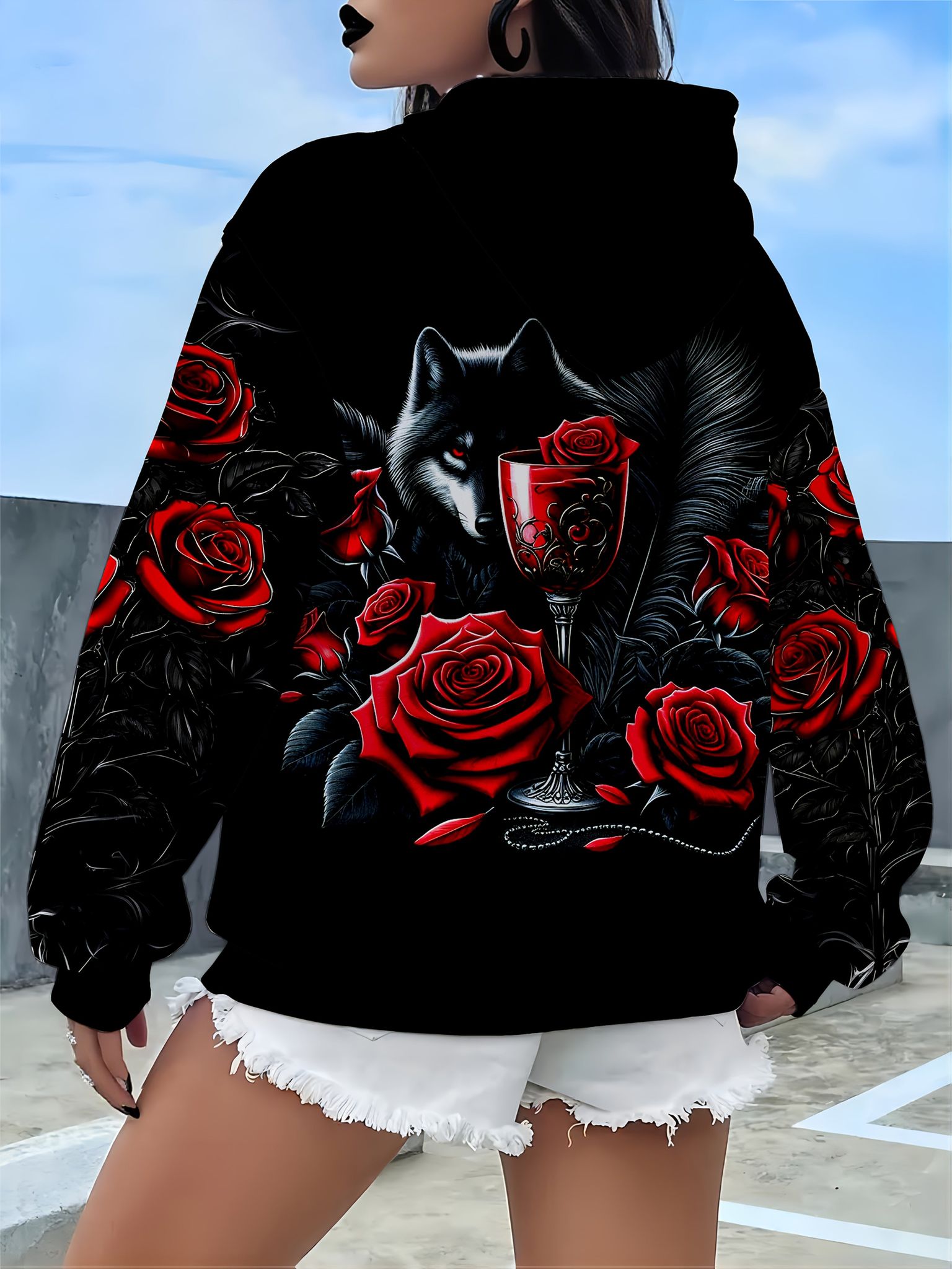 Gothic Style, Red Rose, Black Wolf and Holy Grail Print Hooded Sweatshirt, Made of Healthy Cloth Polyester Fiber, Red Roses Surround the Black Wolf and Retro Holy Grail, Full of Mysterious Retro Atmosphere, Suitable as a Halloween Gift   OAXG