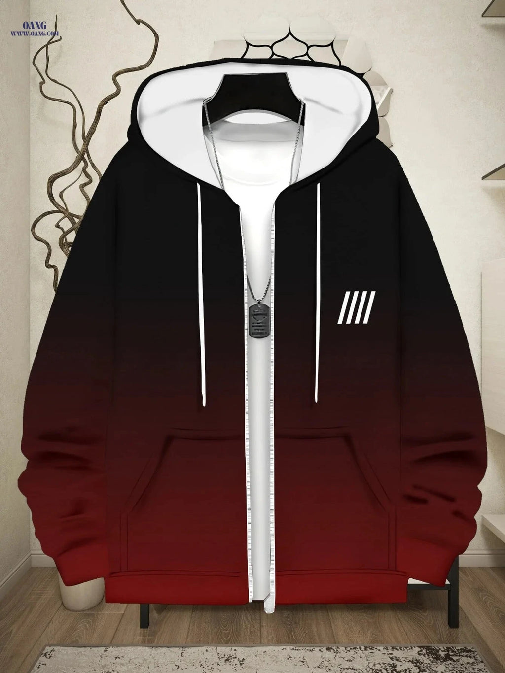 Gradient Black to Red Hoodie - Lightweight, Zip Closure for Men   OAXG 