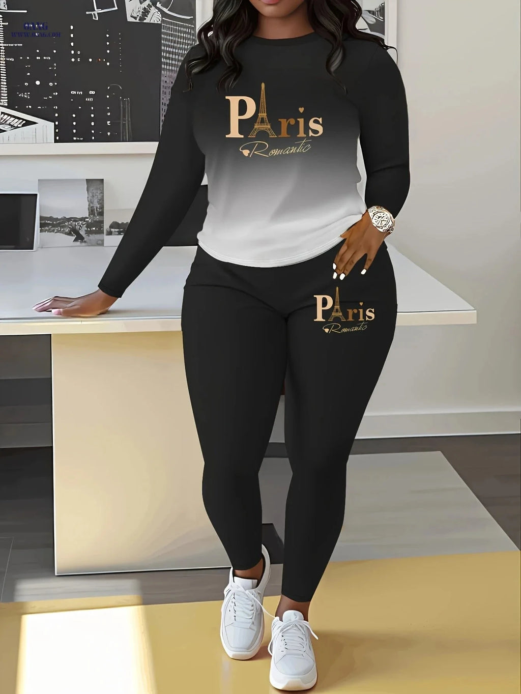 Gradient Paris Letter Print Women's Long Sleeve Two-Piece Outfit   OAXG 