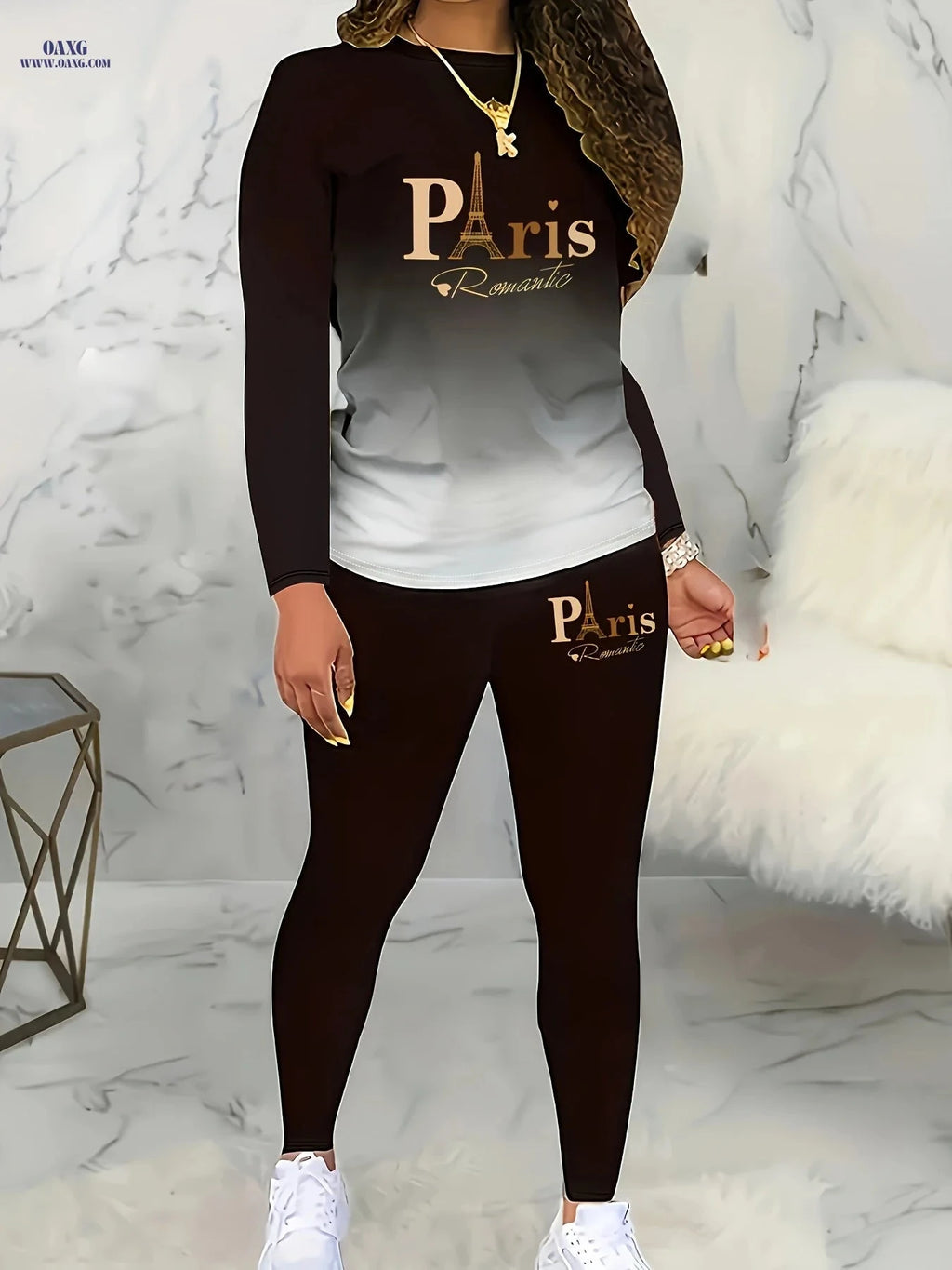 Gradient Paris Letter Print Women's Long Sleeve Two-Piece Outfit   OAXG Black / S