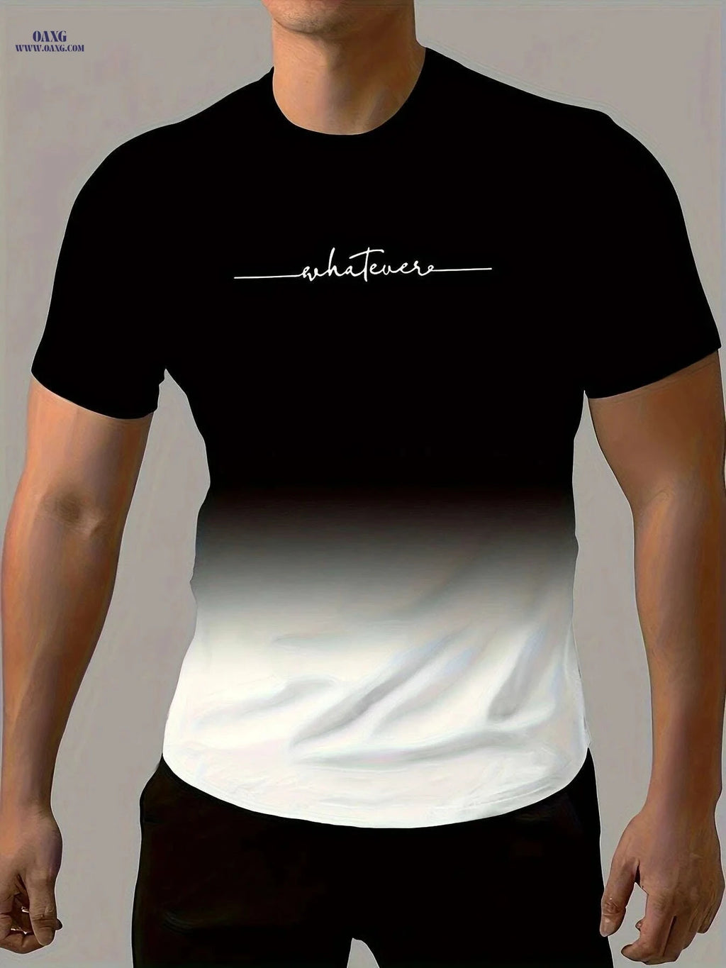 Gradient "WHATEVER" T-Shirt - Casual Crew Neck for Summer Fun   OAXG 