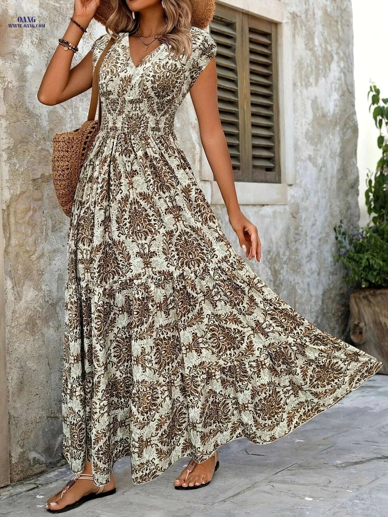 Green Floral V-Neck Dress - Short Sleeve A-Line for Spring/Summer   OAXG Army Green / S