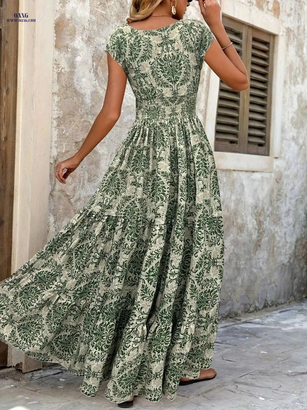 Green Floral V-Neck Dress - Short Sleeve A-Line for Spring/Summer   OAXG Army Green / S