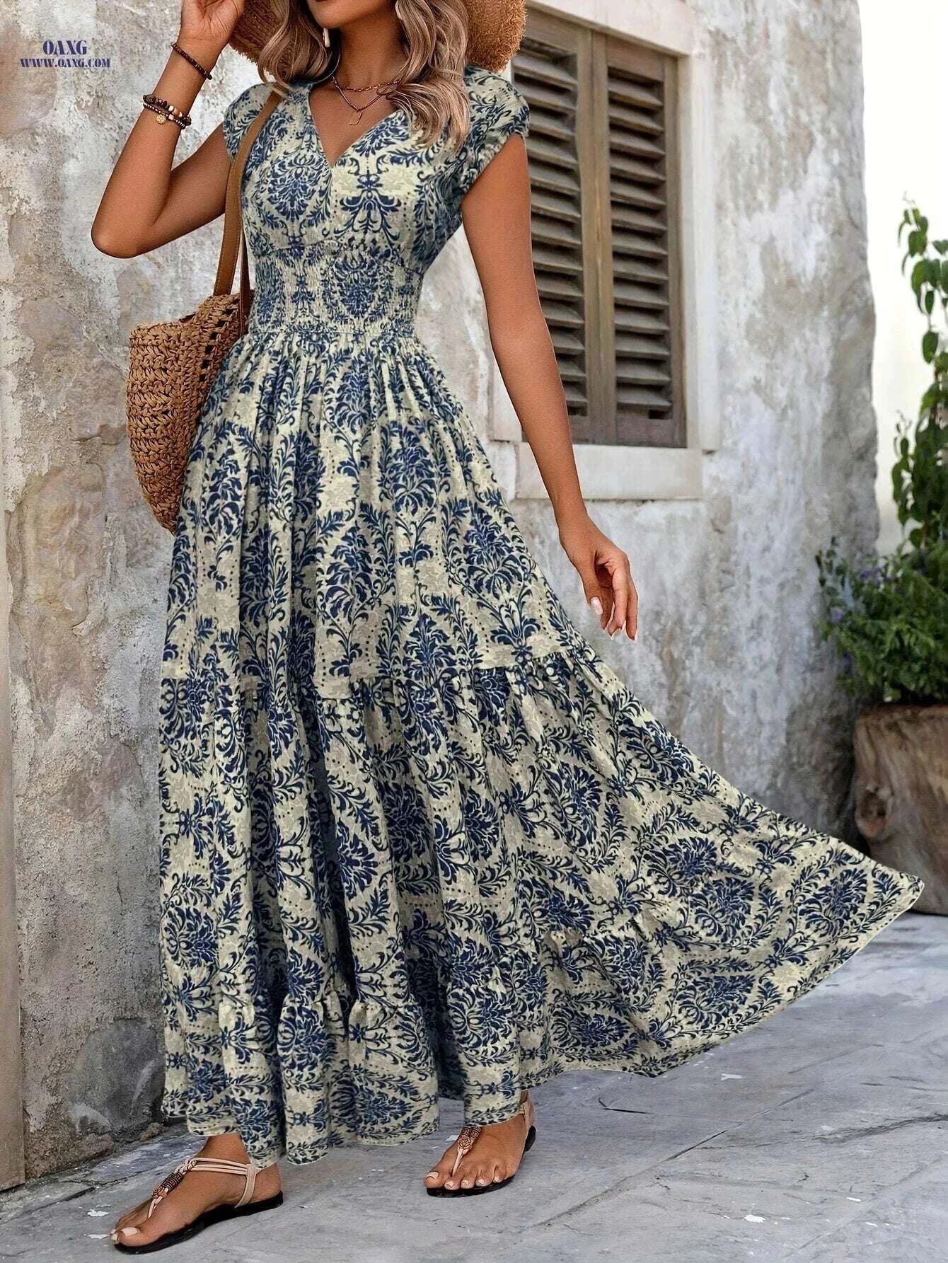 Green Floral V-Neck Dress - Short Sleeve A-Line for Spring/Summer   OAXG Army Green / S