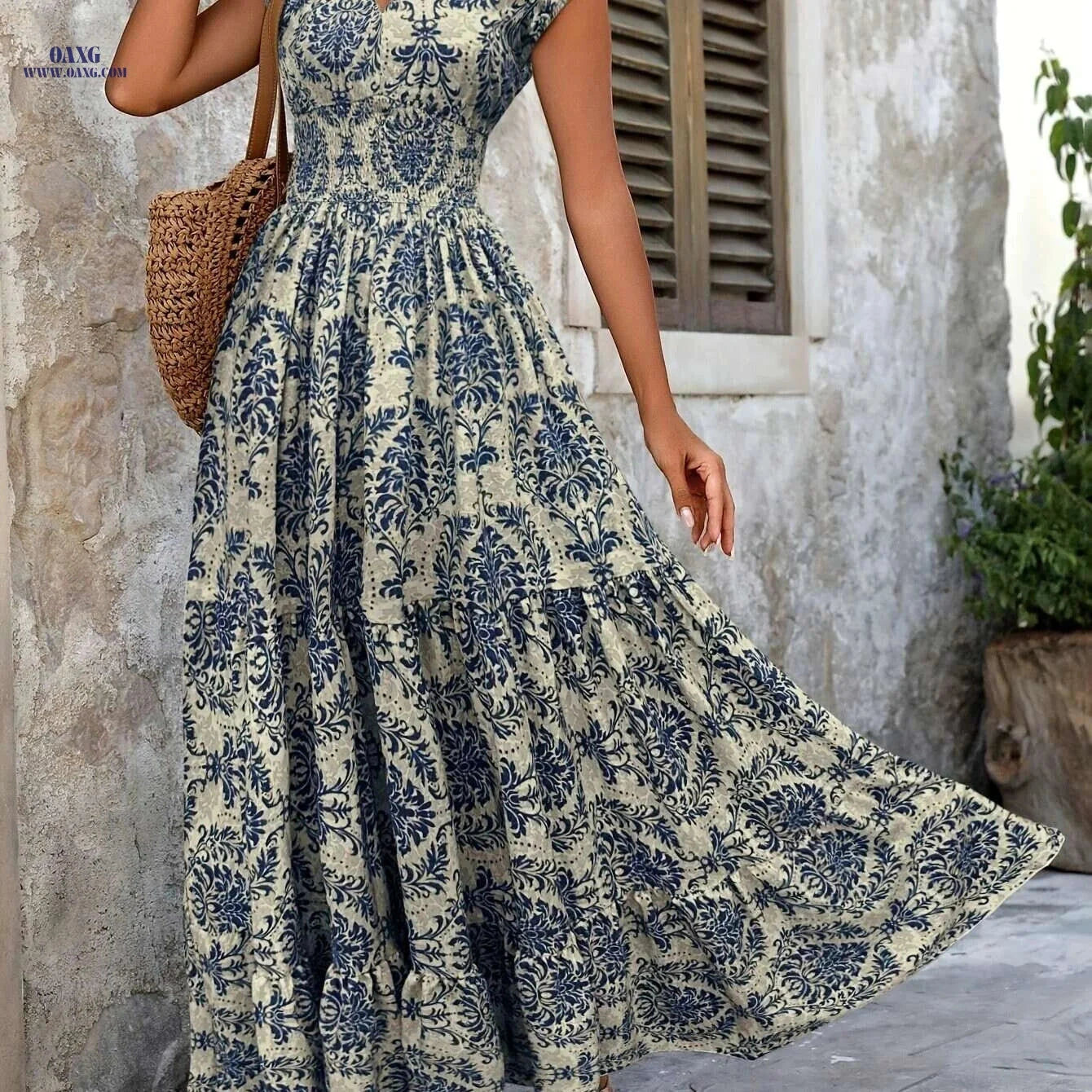Green Floral V-Neck Dress - Short Sleeve A-Line for Spring/Summer   OAXG Army Green / S