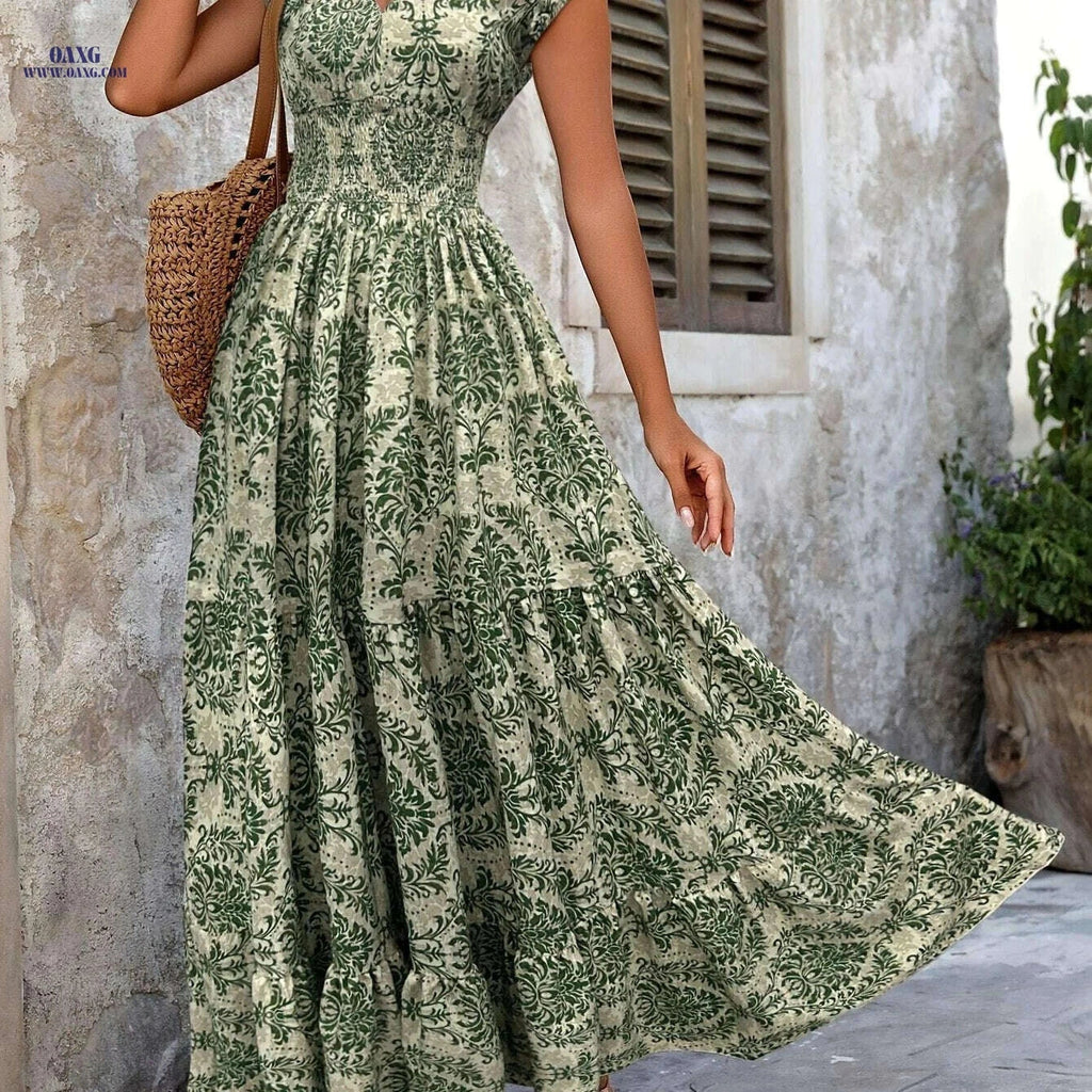Green Floral V-Neck Dress - Short Sleeve A-Line for Spring/Summer   OAXG Army Green / S