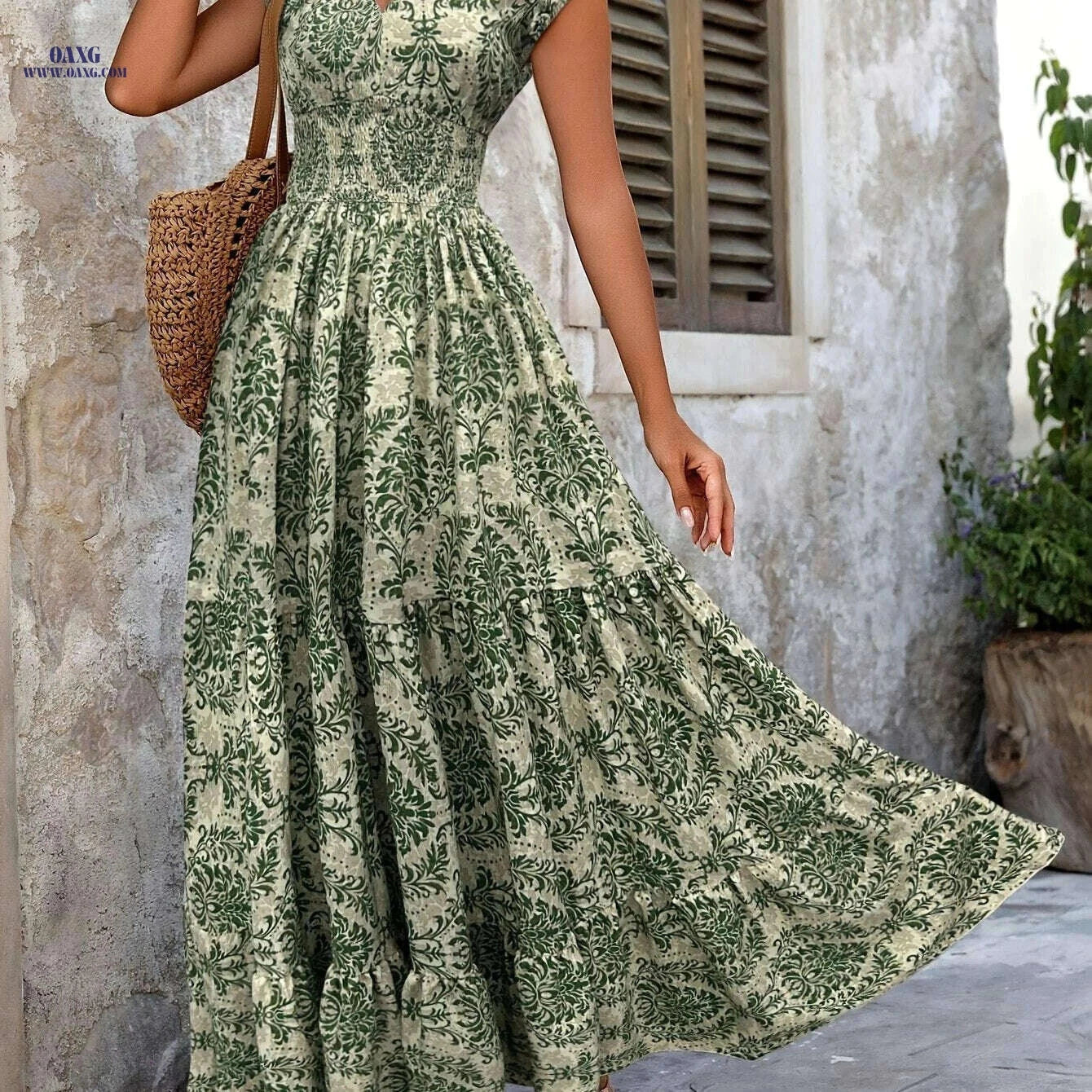 Green Floral V-Neck Dress - Short Sleeve A-Line for Spring/Summer   OAXG Army Green / S