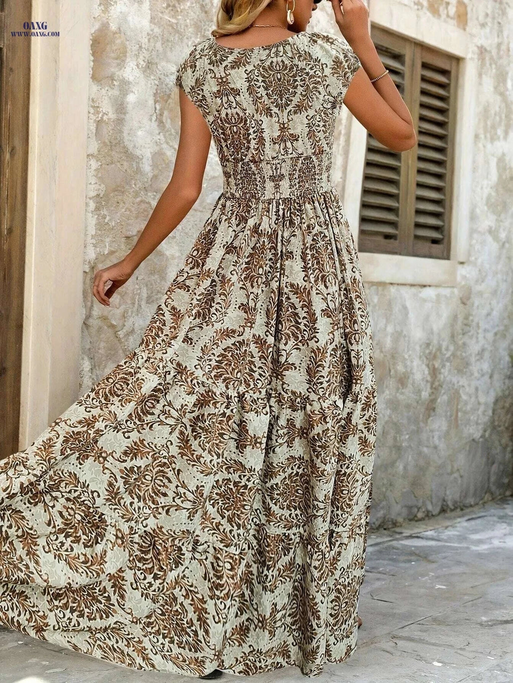 Green Floral V-Neck Dress - Short Sleeve A-Line for Spring/Summer   OAXG Army Green / S