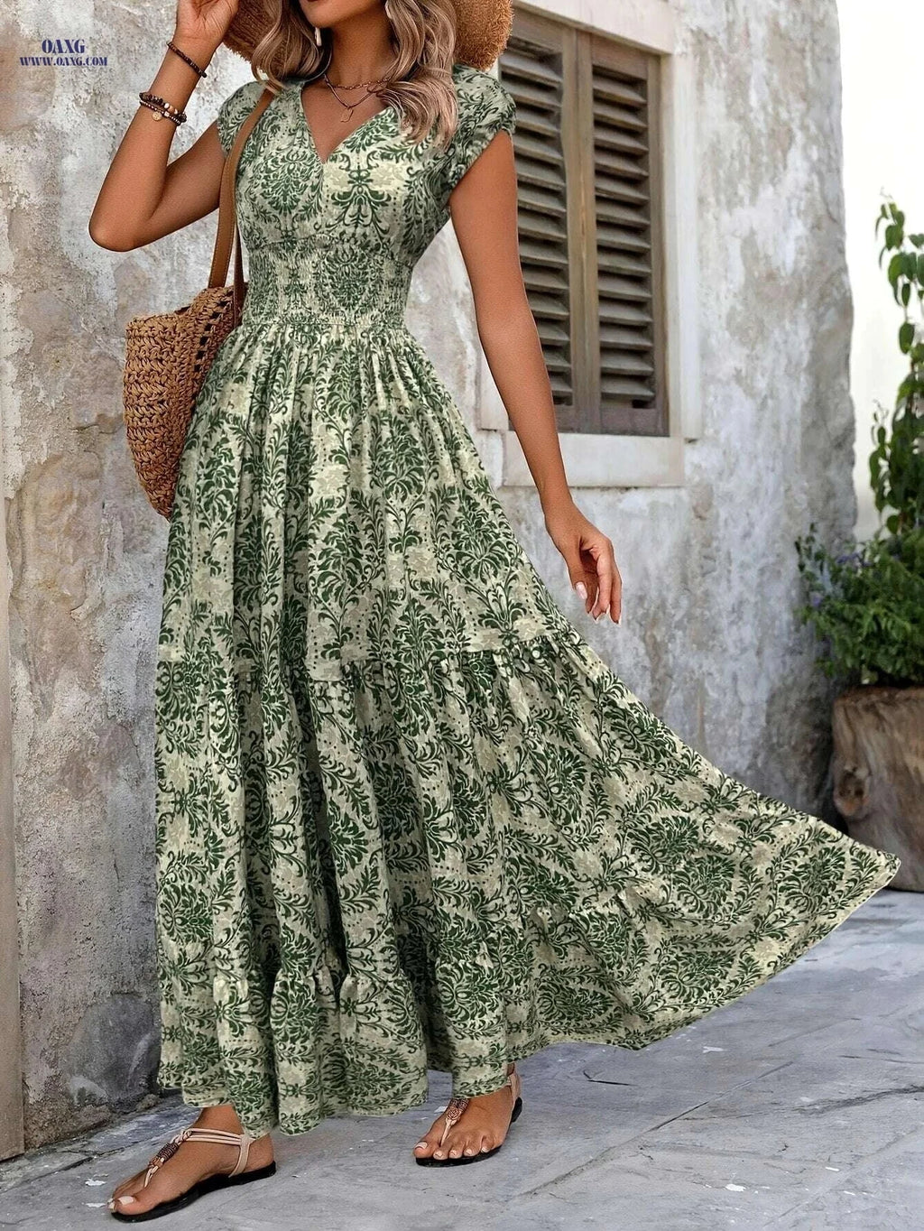 Green Floral V-Neck Dress - Short Sleeve A-Line for Spring/Summer   OAXG 