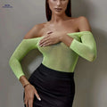 Green Off-Shoulder Rhinestone Mesh Bodysuit - Sexy V-Neck Design   OAXG 