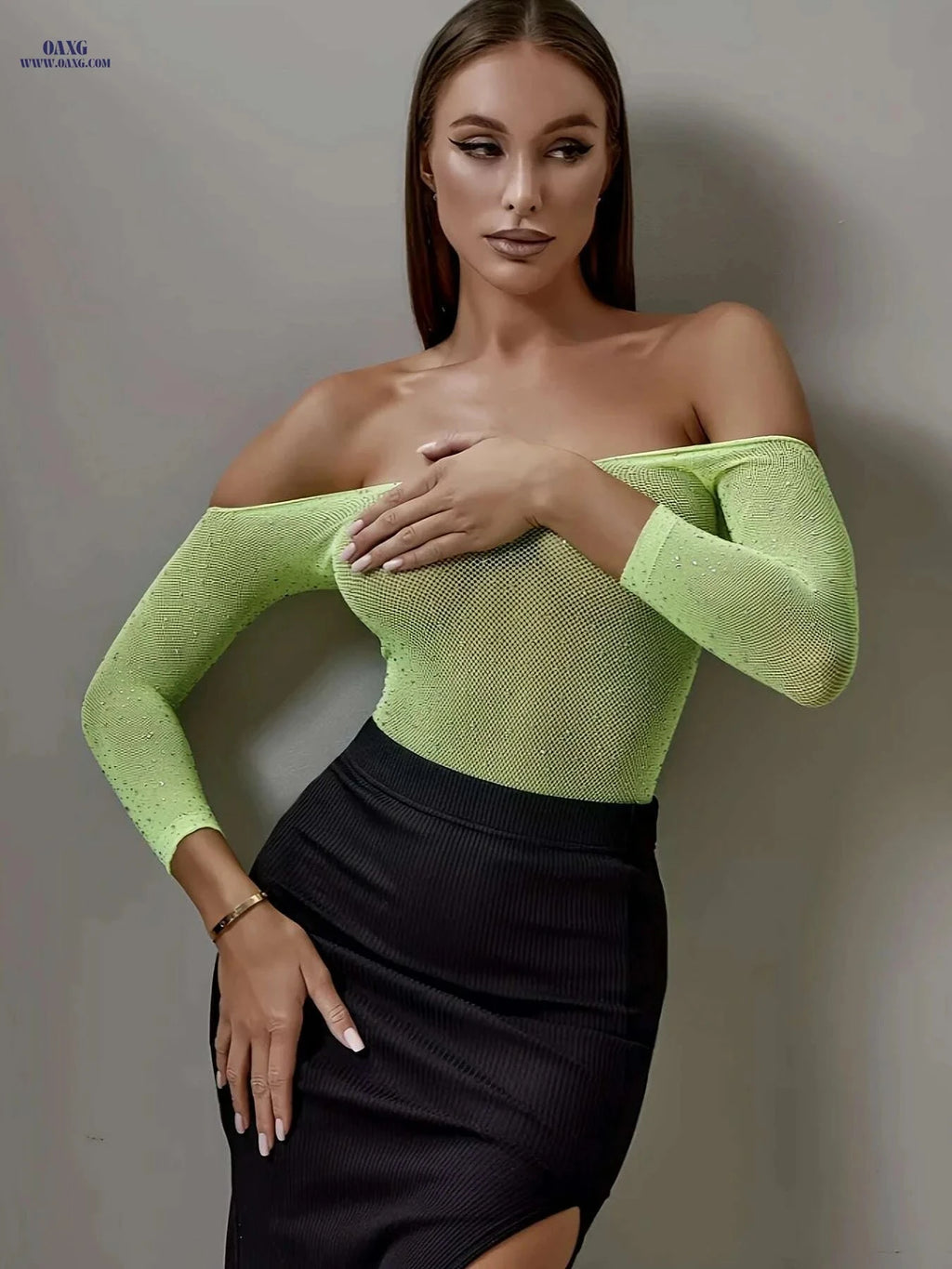 Green Off-Shoulder Rhinestone Mesh Bodysuit - Sexy V-Neck Design   OAXG Fluorescent Green / One-size