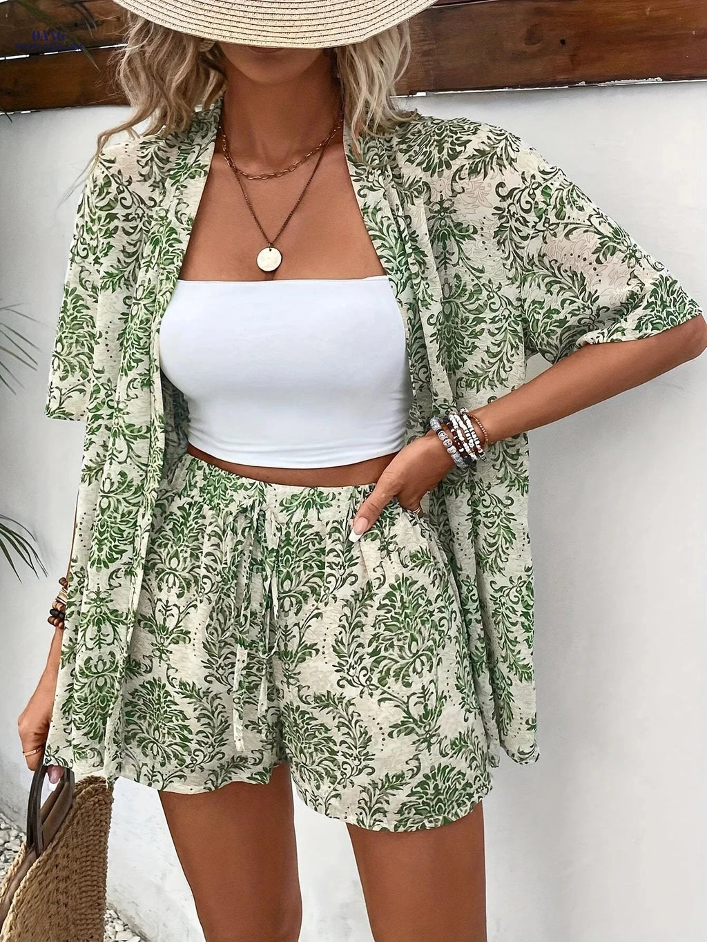 Green Vintage Floral Print Short Sleeve Set - Perfect for Vacation   OAXG Navy Color / XS