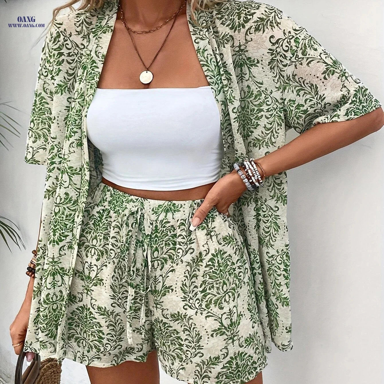 Green Vintage Floral Print Short Sleeve Set - Perfect for Vacation   OAXG Navy Color / XS