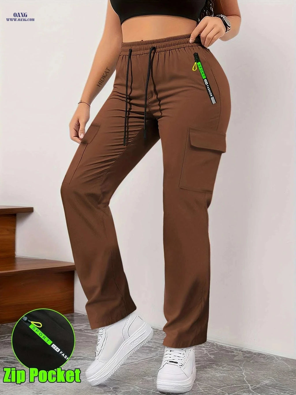Green Women's Cargo Pants - Drawstring, Zipper Pockets for Casual Style   OAXG 