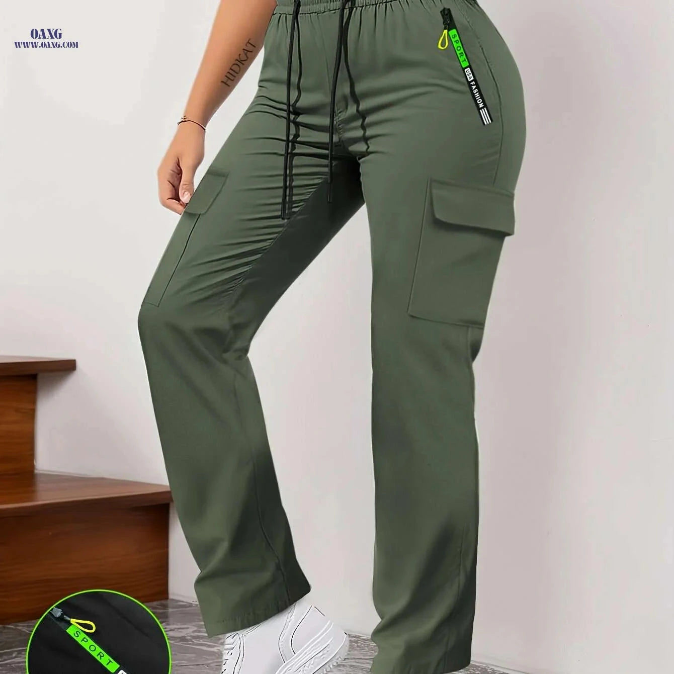 Green Women's Cargo Pants - Drawstring, Zipper Pockets for Casual Style   OAXG 