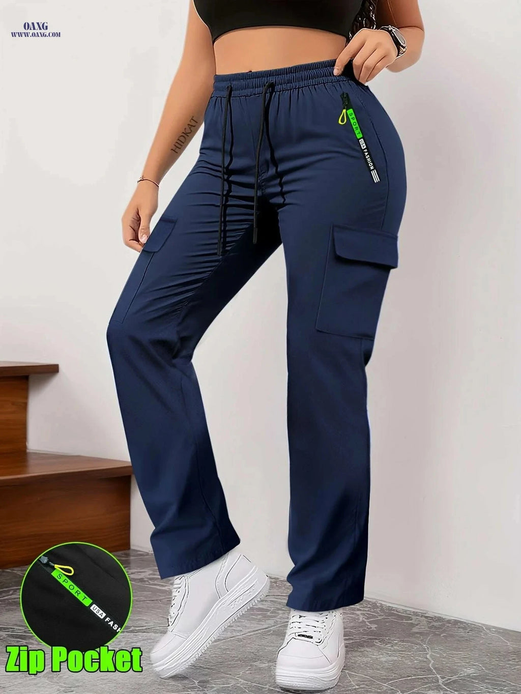 Green Women's Cargo Pants - Drawstring, Zipper Pockets for Casual Style   OAXG 