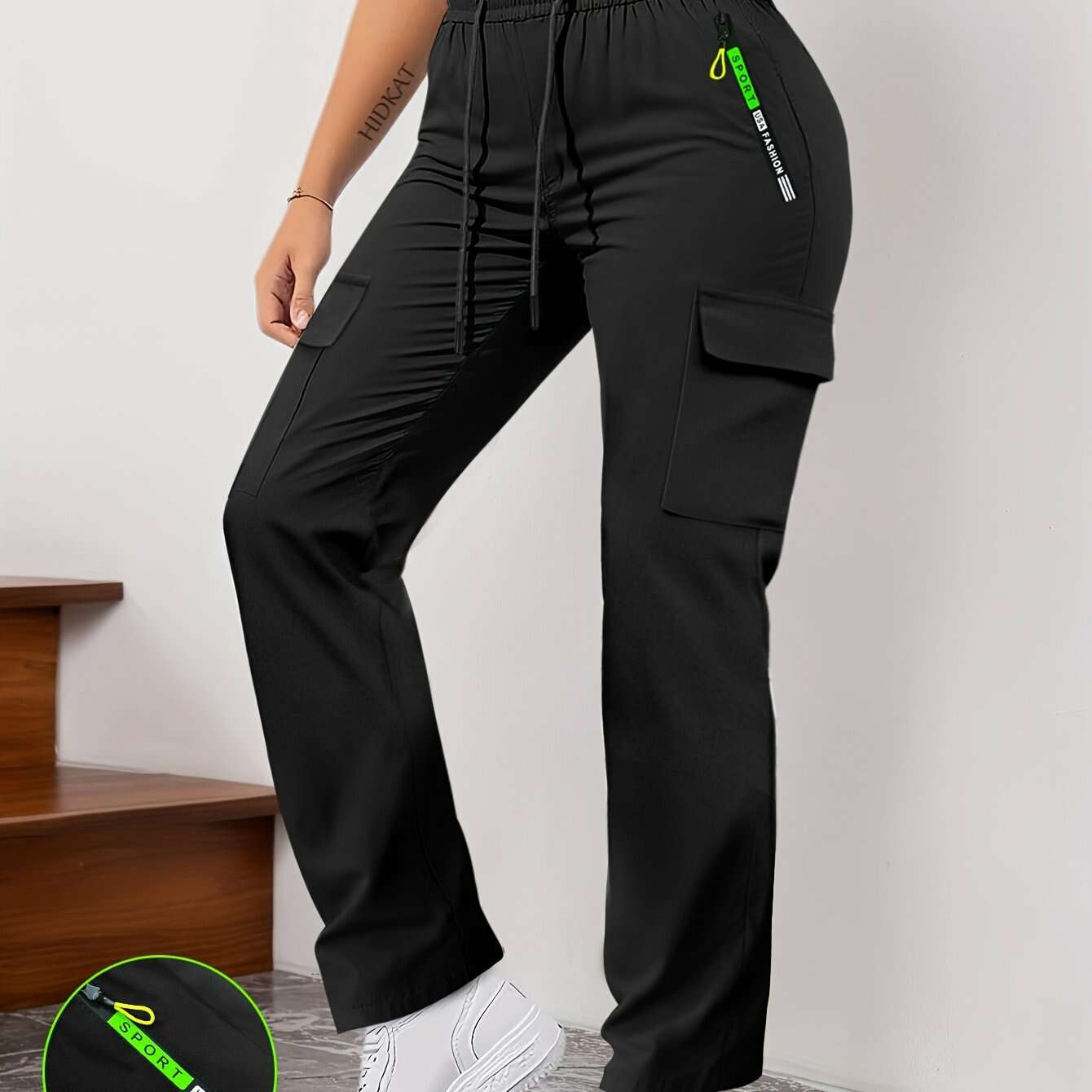 Green Women's Cargo Pants - Drawstring, Zipper Pockets for Casual Style   OAXG Grey / XS