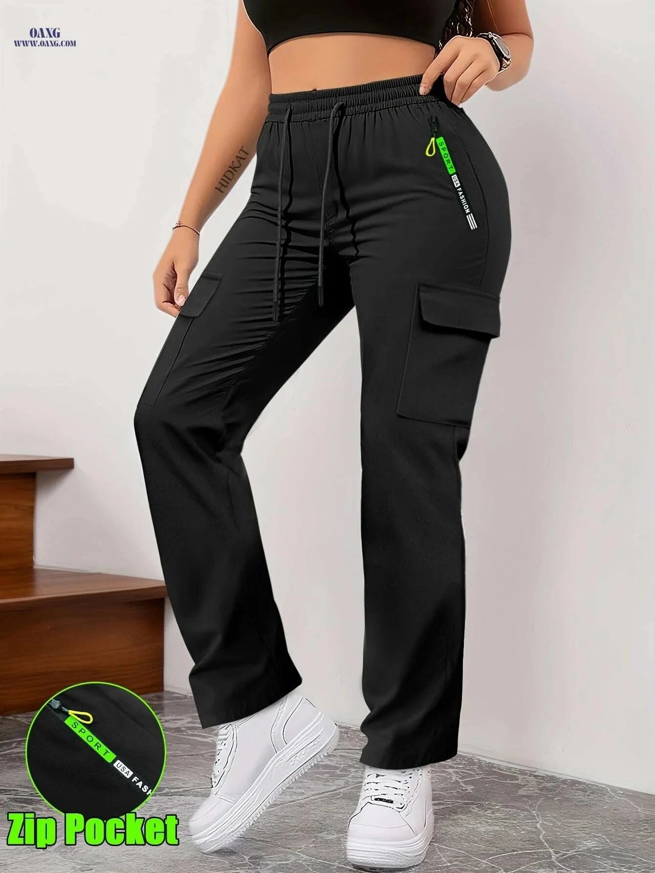 Green Women's Cargo Pants - Drawstring, Zipper Pockets for Casual Style   OAXG Grey / XS