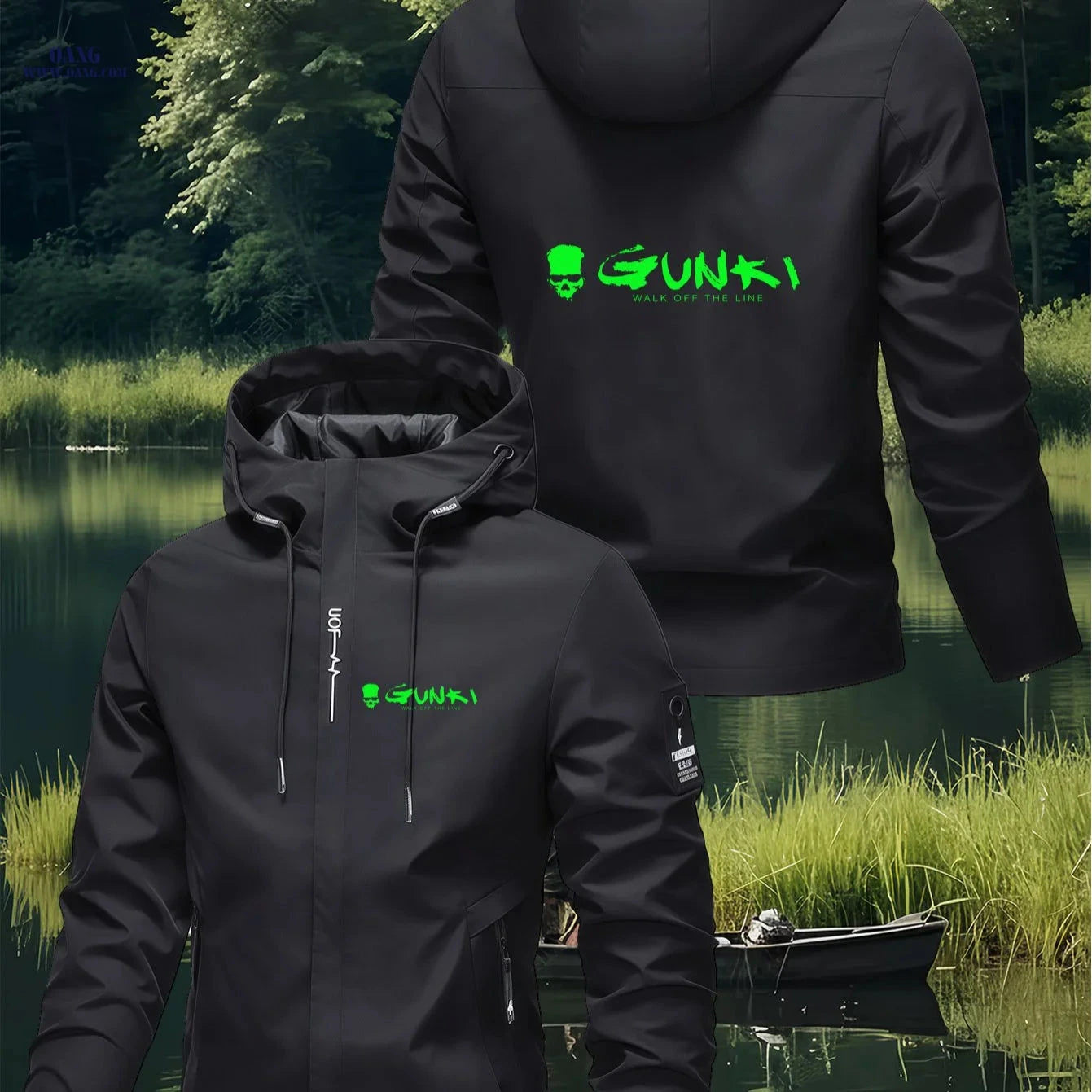 GUNKI Men's Hooded Jacket - Tech Windproof, Fluorescent Green Design   OAXG Black / FR S
