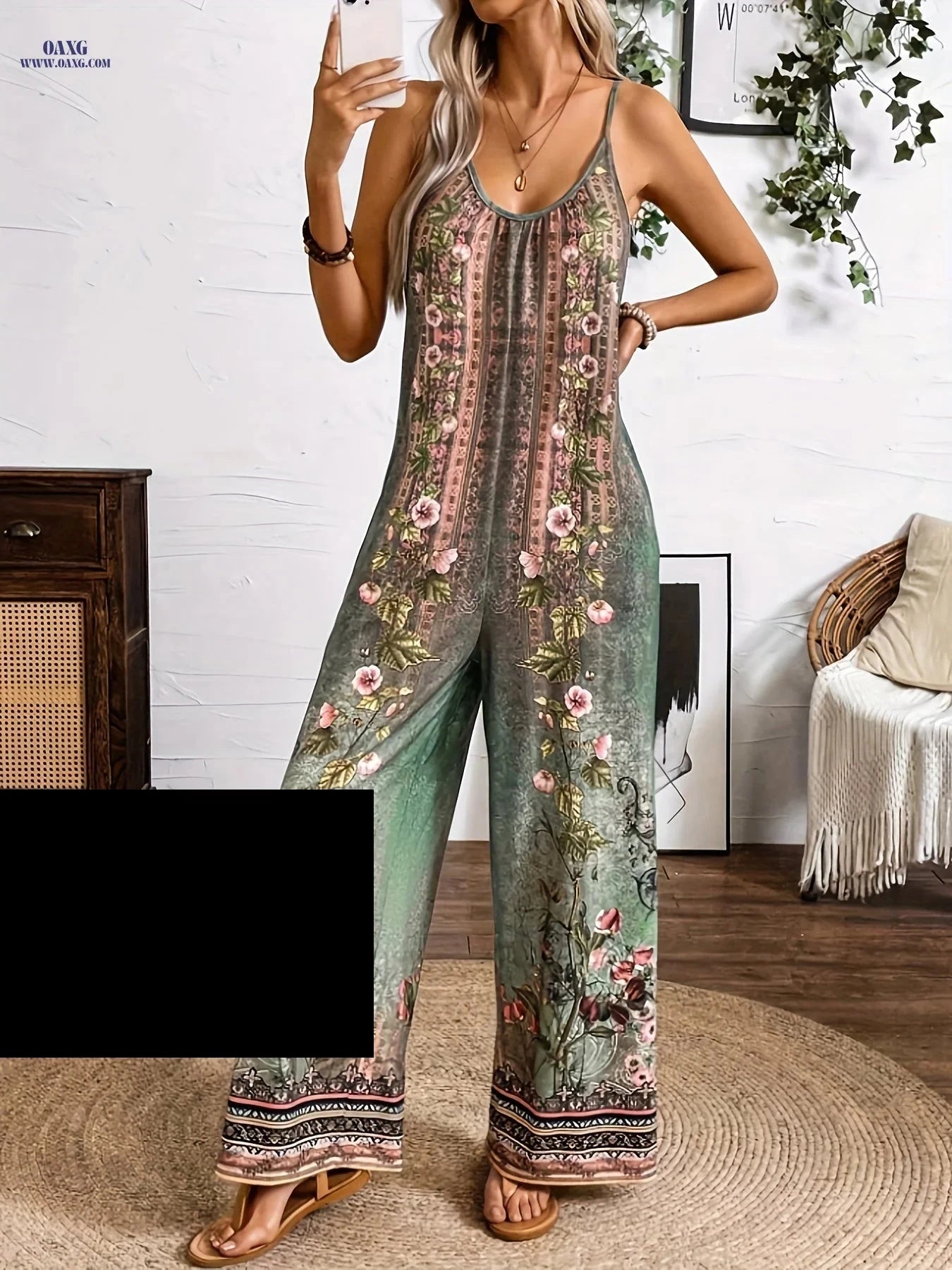 H-Shaped Printed Strap Jumpsuit - Casual Style for Women   OAXG 
