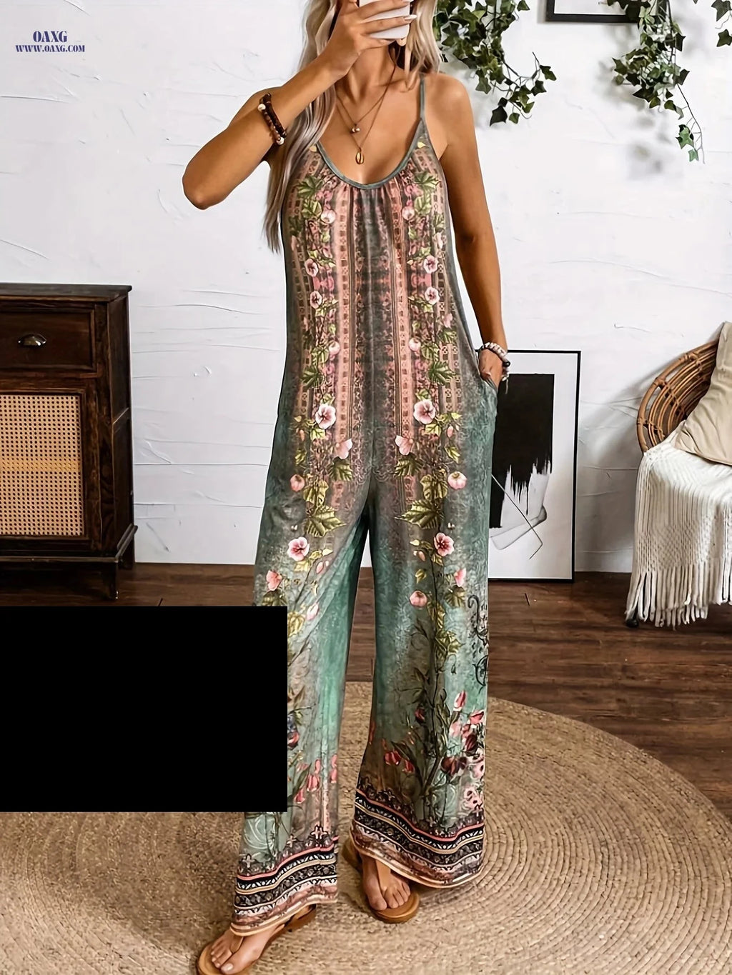 H-Shaped Printed Strap Jumpsuit - Casual Style for Women   OAXG 