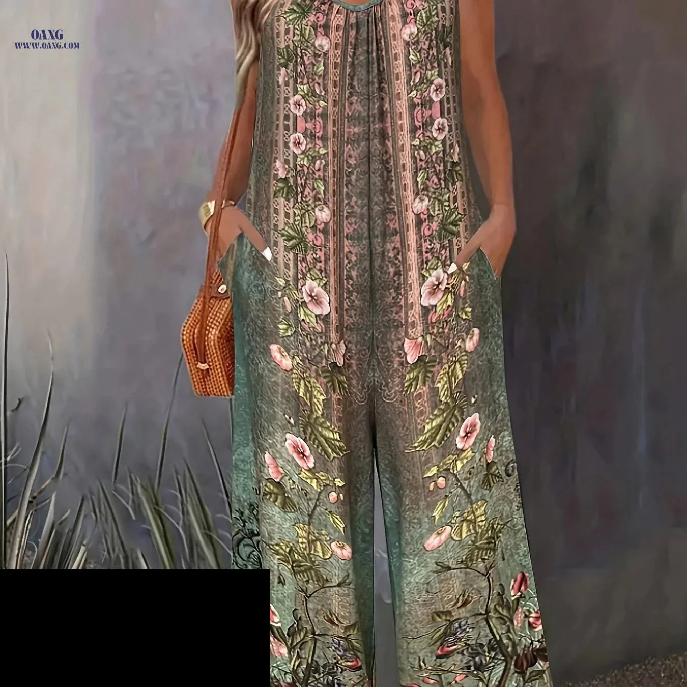 H-Shaped Printed Strap Jumpsuit - Casual Style for Women   OAXG Green / S