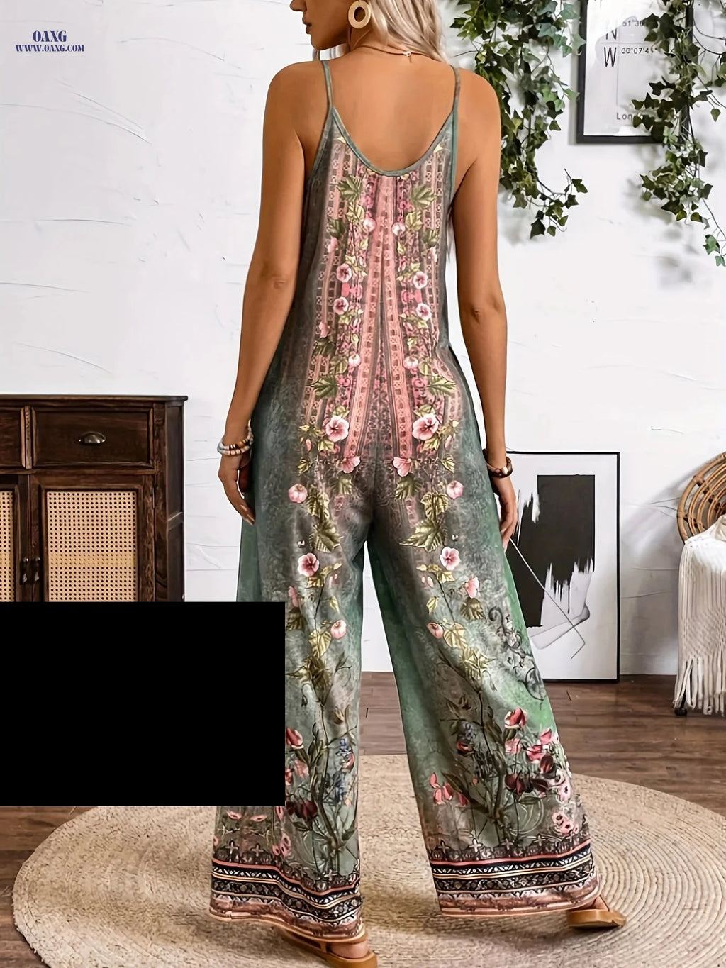 H-Shaped Printed Strap Jumpsuit - Casual Style for Women   OAXG Green / S