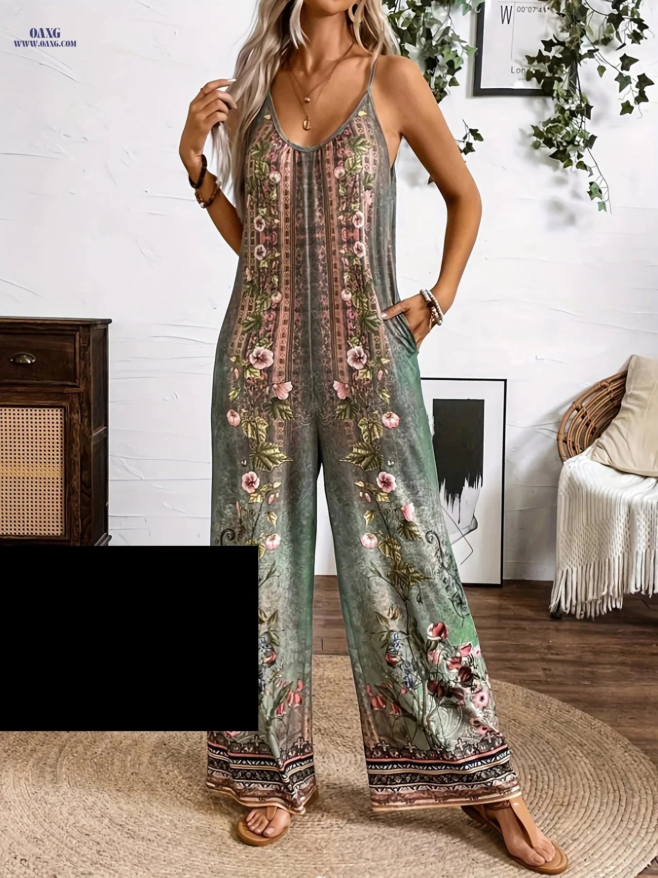 H-Shaped Printed Strap Jumpsuit - Casual Style for Women   OAXG Green / S
