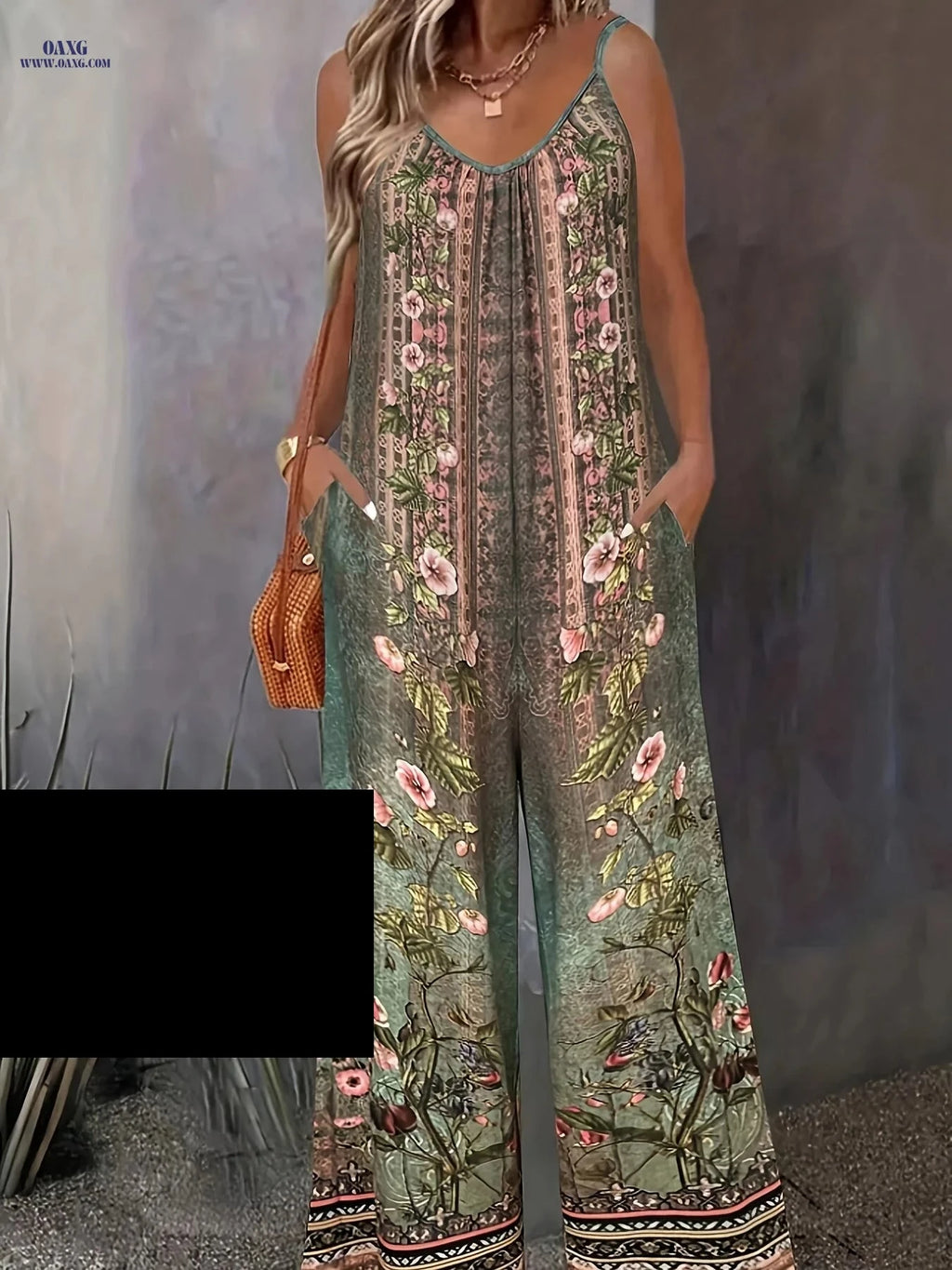 H-Shaped Printed Strap Jumpsuit - Casual Style for Women   OAXG Green / S