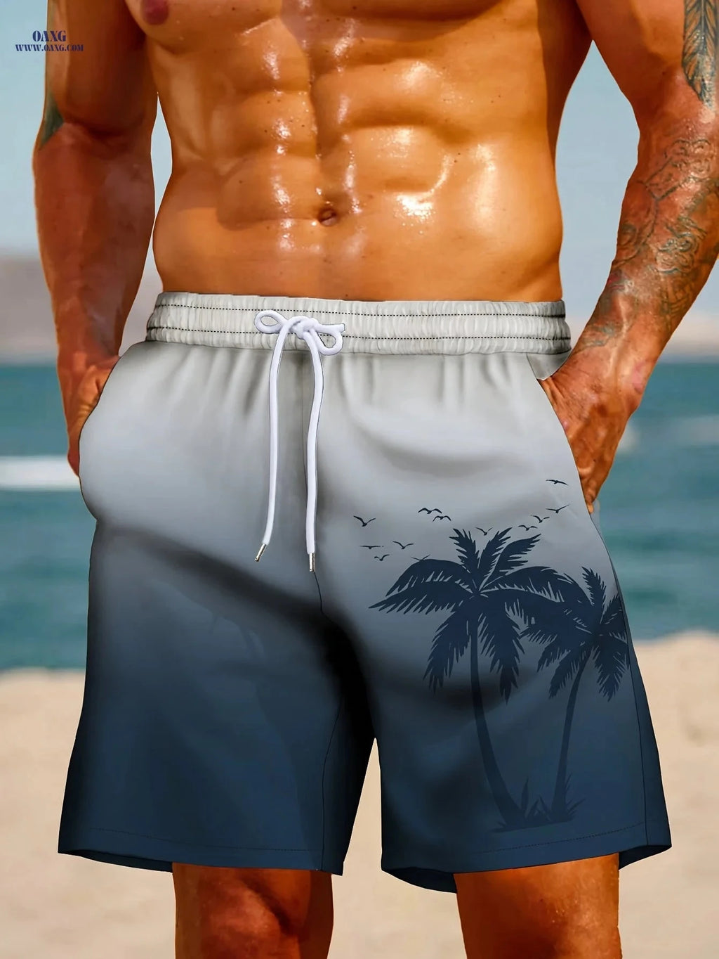 HANZUNPIN 3D Coconut Tree Beach Shorts - Casual Drawstring Style   OAXG 