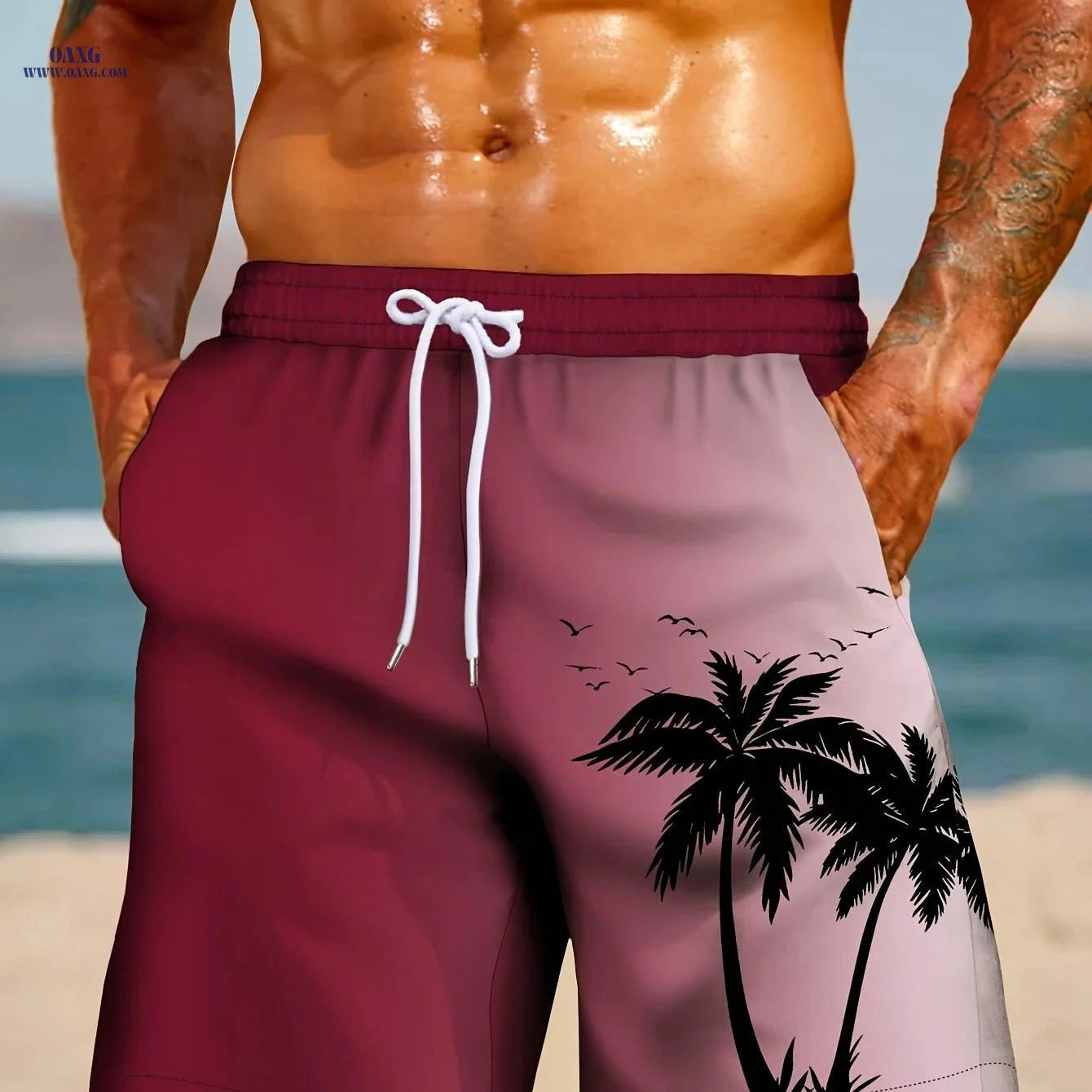 HANZUNPIN 3D Coconut Tree Beach Shorts - Casual Drawstring Style   OAXG Black / FR S