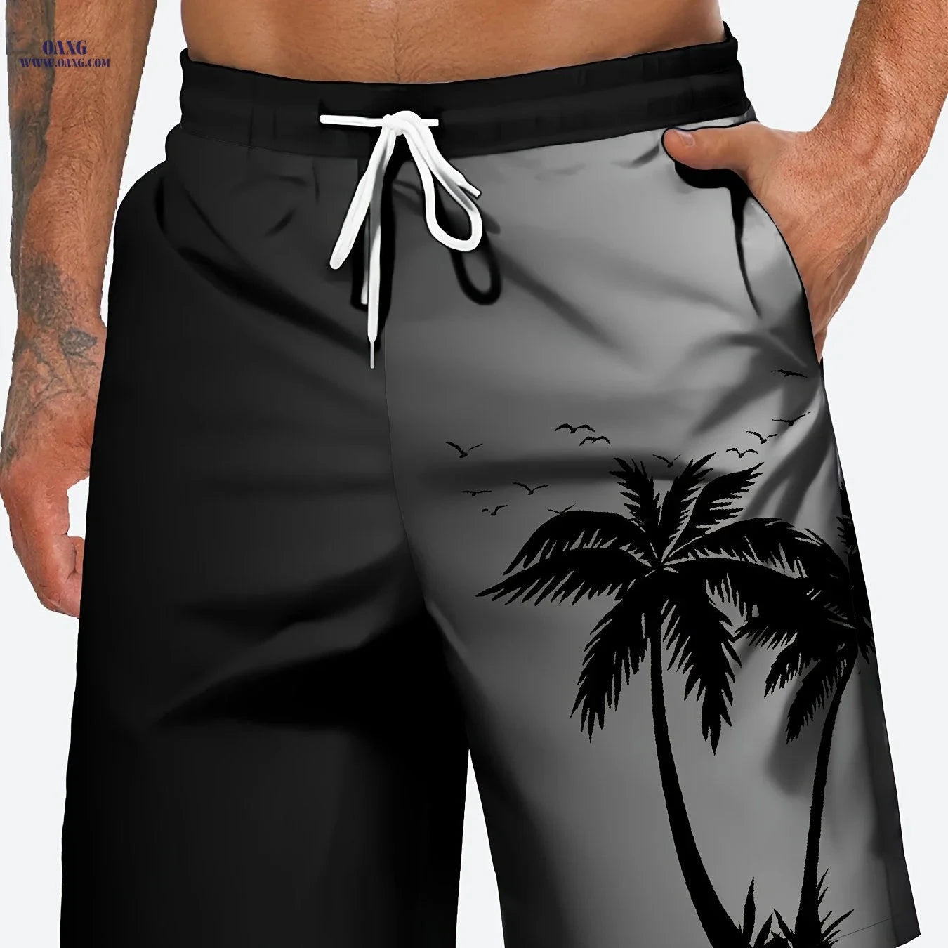 HANZUNPIN 3D Coconut Tree Beach Shorts - Casual Drawstring Style   OAXG Black / FR S