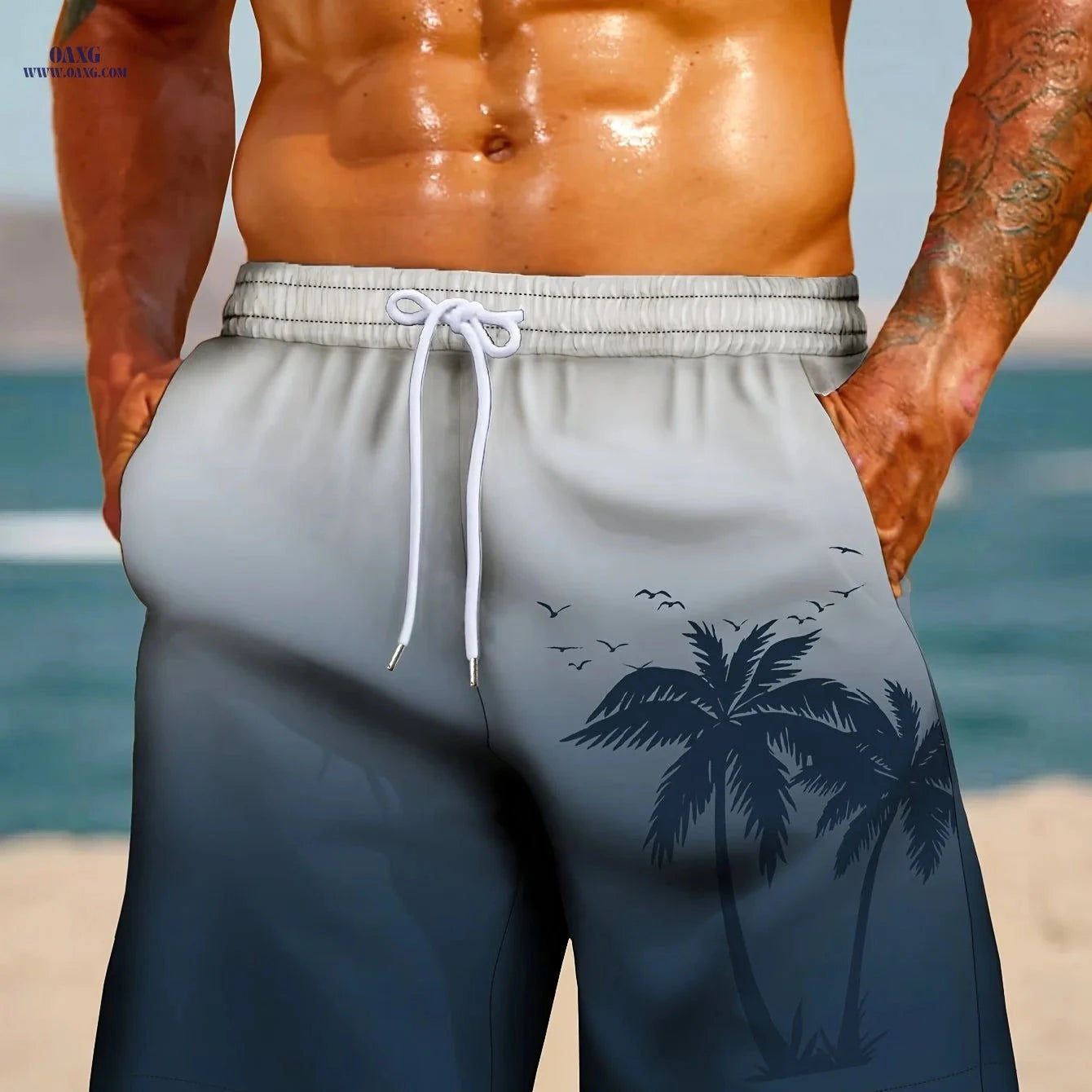 HANZUNPIN 3D Coconut Tree Beach Shorts - Casual Drawstring Style   OAXG Black / FR S