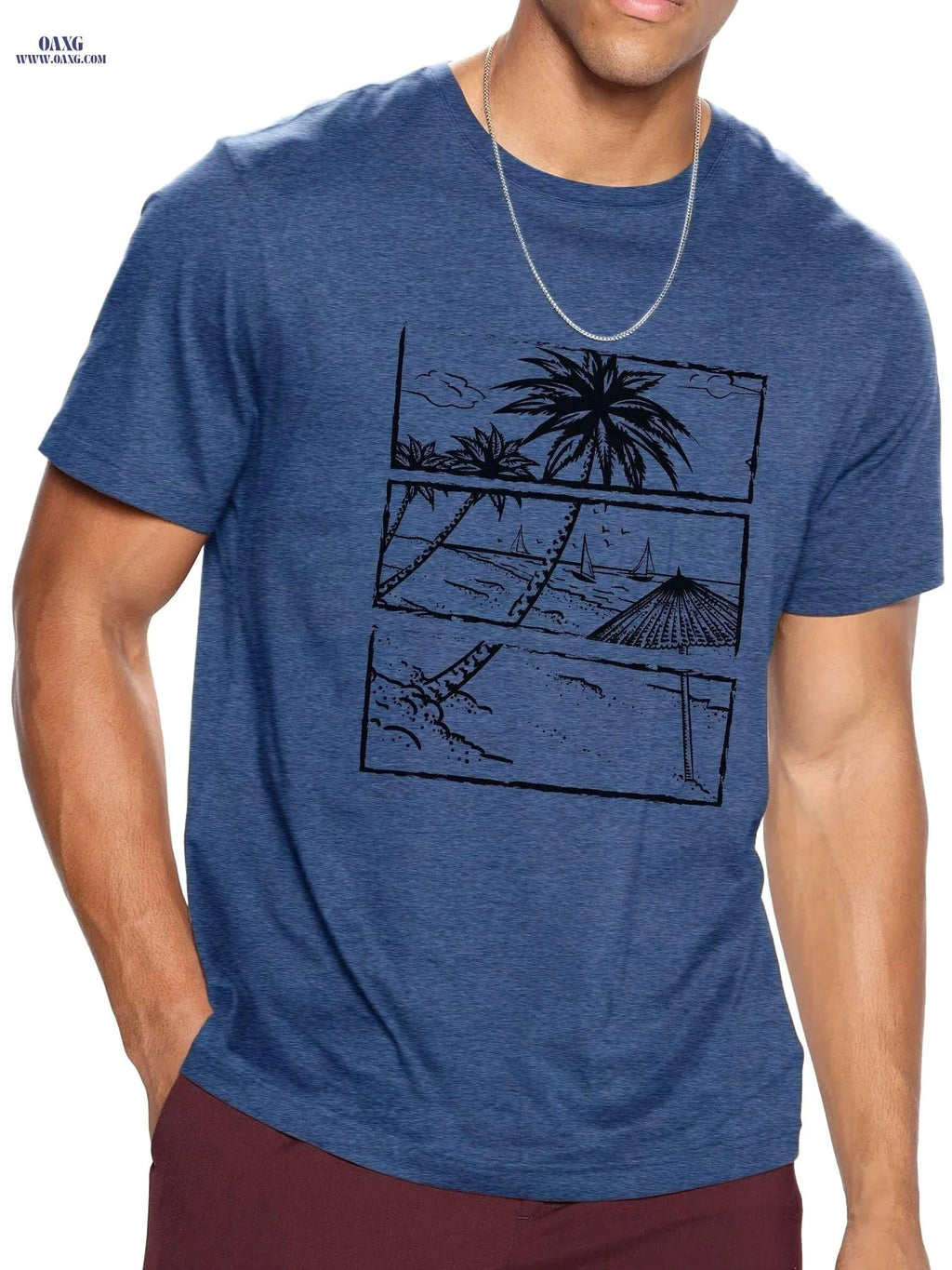 Hawaiian Beach Men's Casual T-Shirt - Short Sleeve Graphic Tee   OAXG Deep Blue / S