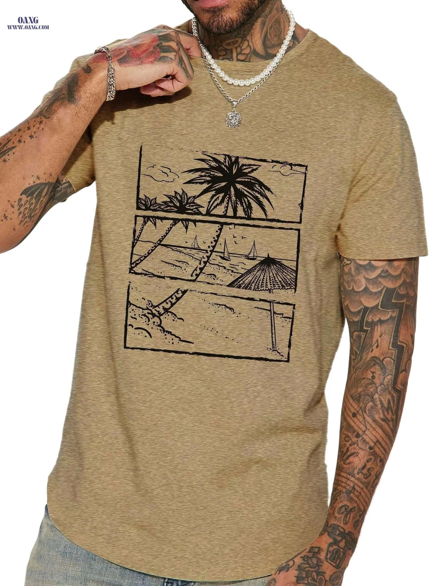 Hawaiian Beach Men's Casual T-Shirt - Short Sleeve Graphic Tee   OAXG Deep Blue / S