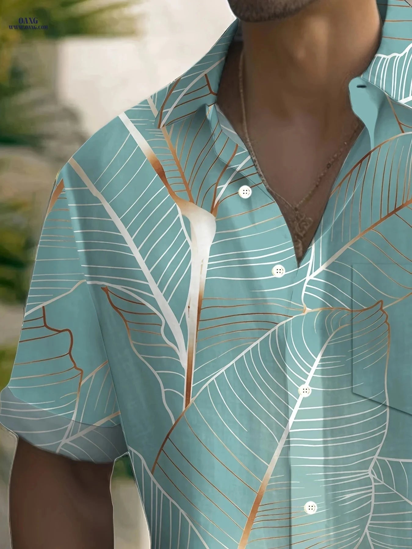 Hawaiian Leaf Print Men's Short Sleeve Shirt - Casual Summer Style   OAXG 
