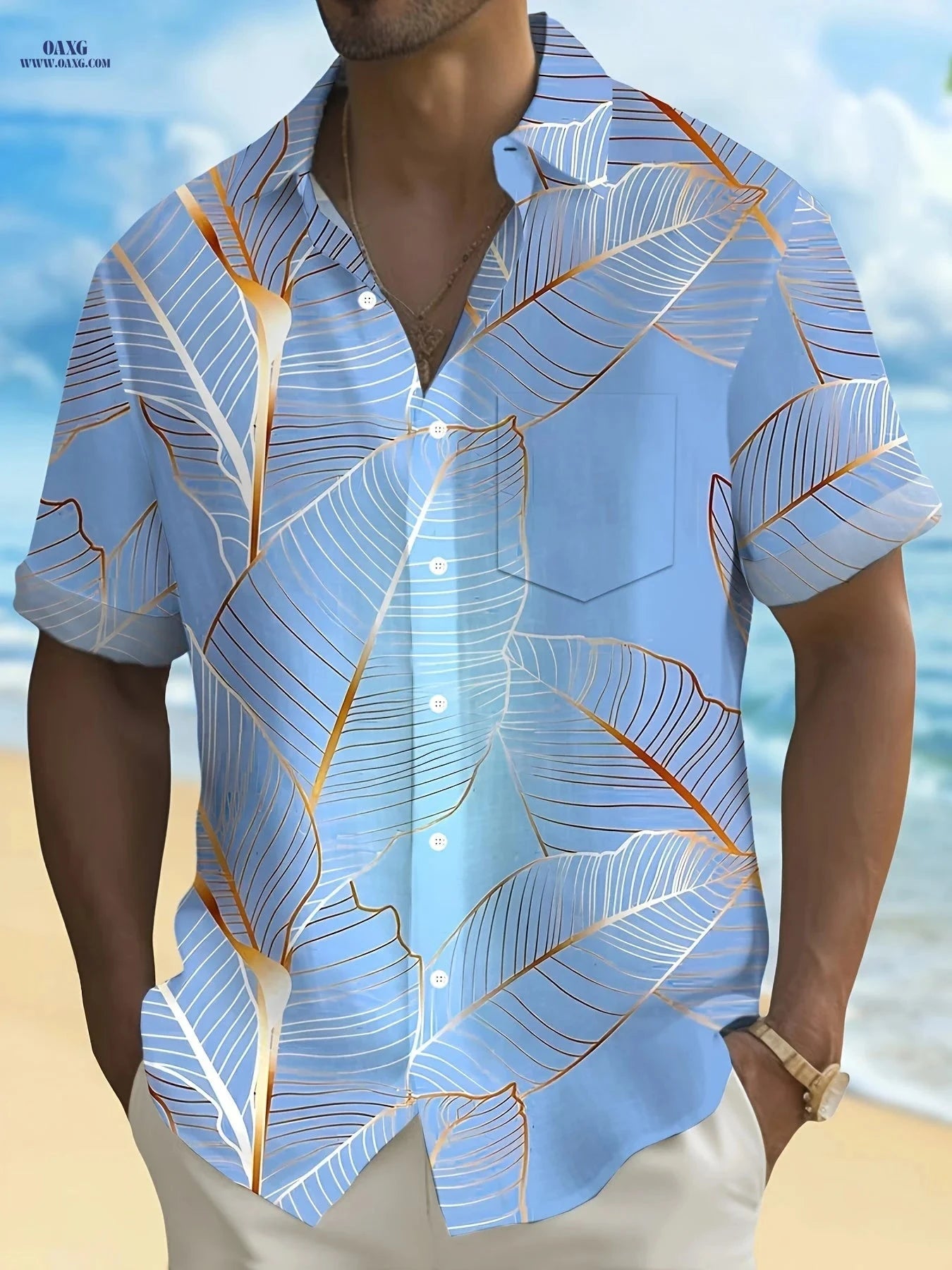 Hawaiian Leaf Print Men's Short Sleeve Shirt - Casual Summer Style   OAXG Mineral Green / FR S