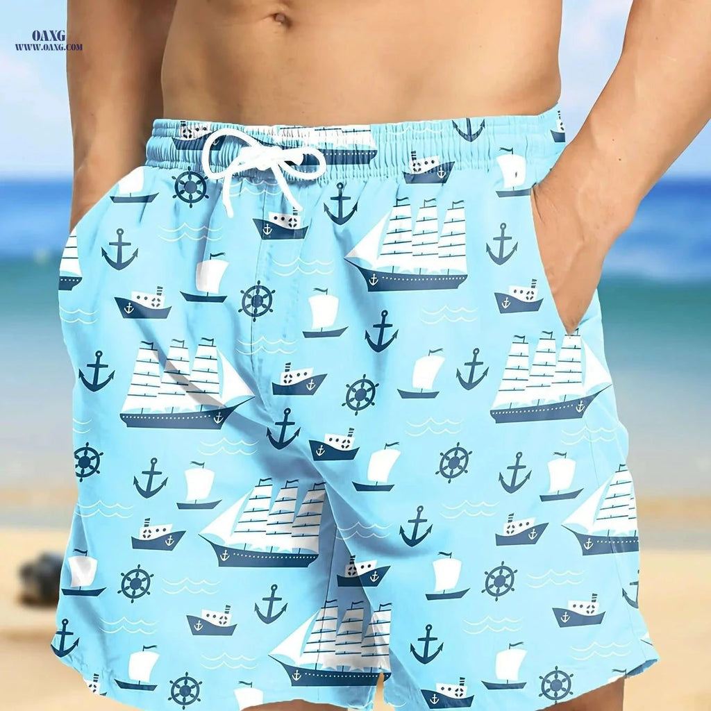Hawaiian Print Swim Trunks for Men - Quick Dry, Drawstring Beach Shorts   OAXG 01 / S