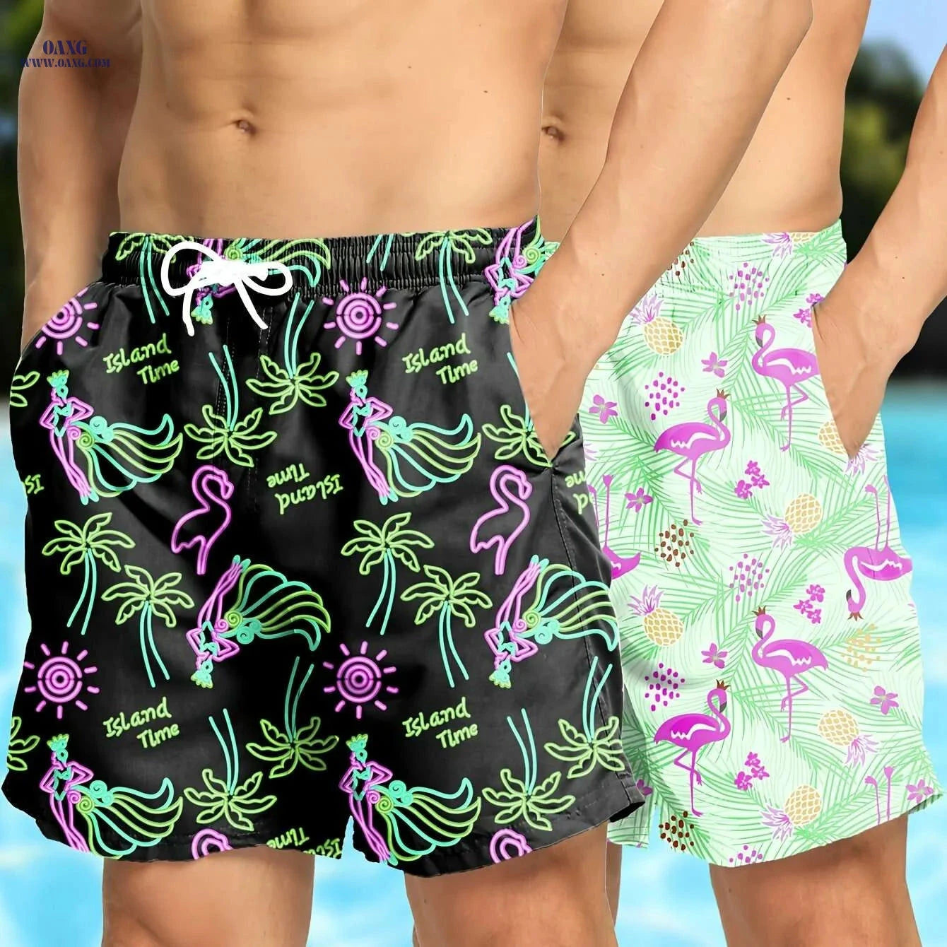 Hawaiian Print Swim Trunks for Men - Quick Dry, Drawstring Beach Shorts   OAXG 01 / S