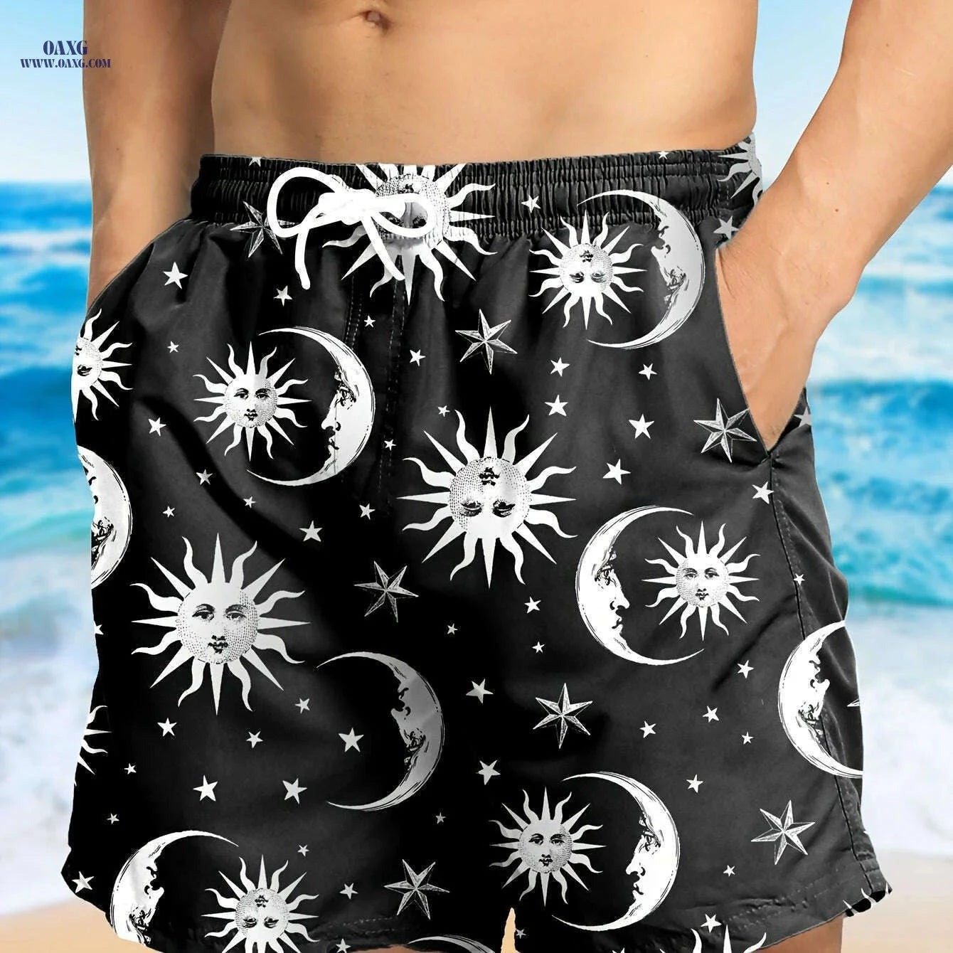 Hawaiian Print Swim Trunks for Men - Quick Dry, Drawstring Beach Shorts   OAXG 01 / S