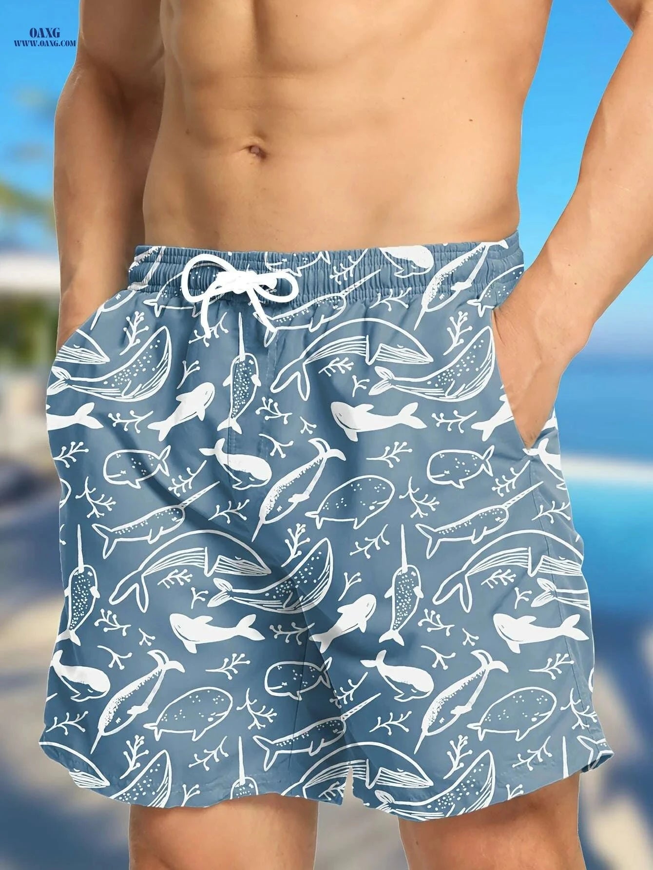Hawaiian Print Swim Trunks for Men - Quick Dry, Drawstring Beach Shorts   OAXG 01 / S