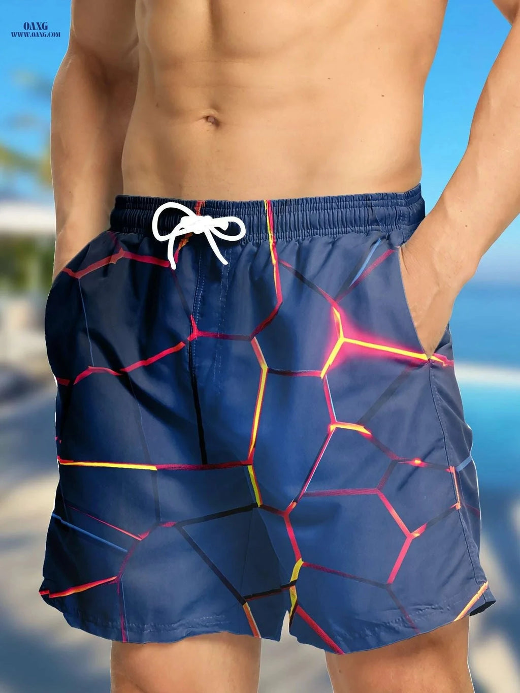 Hawaiian Print Swim Trunks for Men - Quick Dry, Drawstring Beach Shorts   OAXG 01 / S