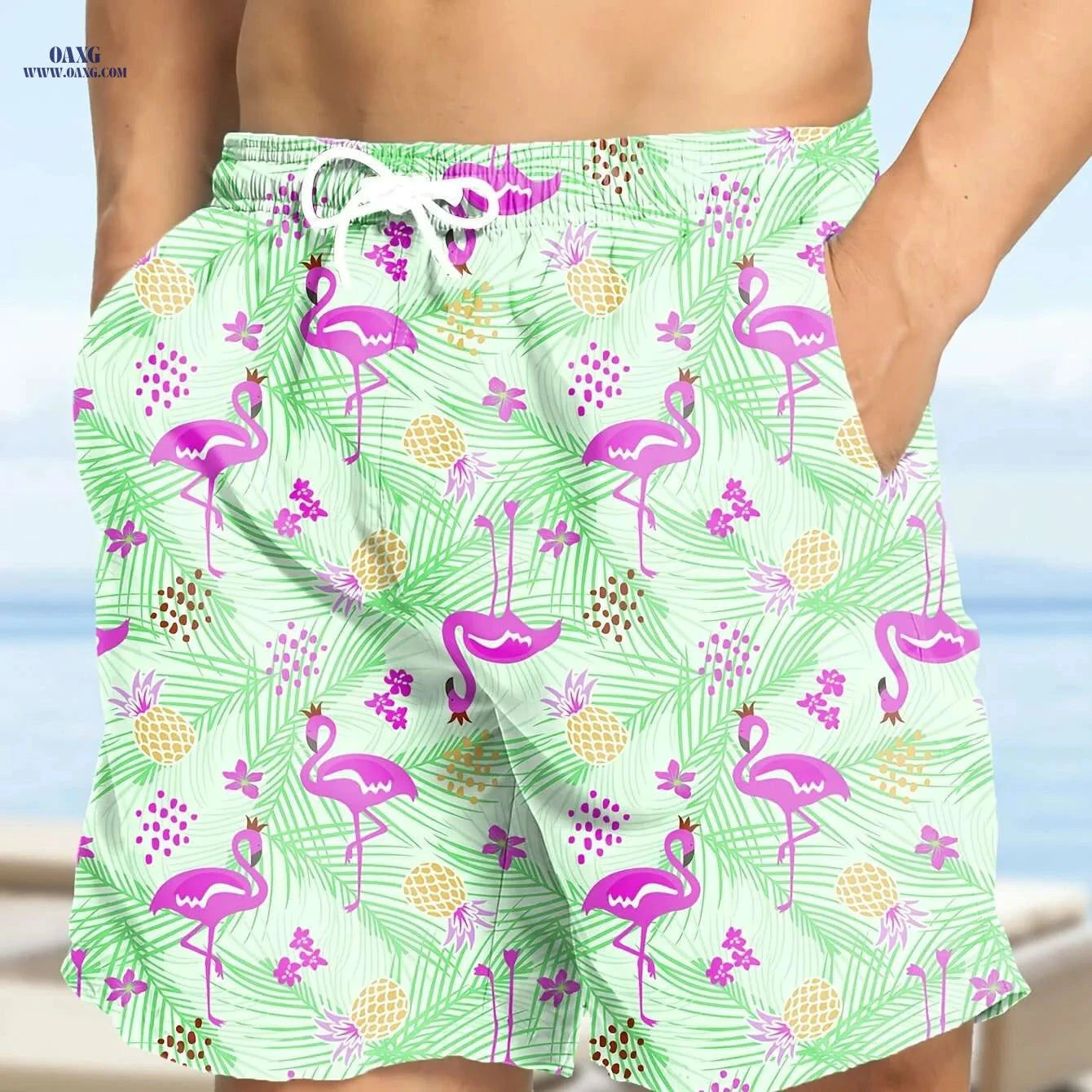 Hawaiian Print Swim Trunks for Men - Quick Dry, Drawstring Beach Shorts   OAXG 01 / S