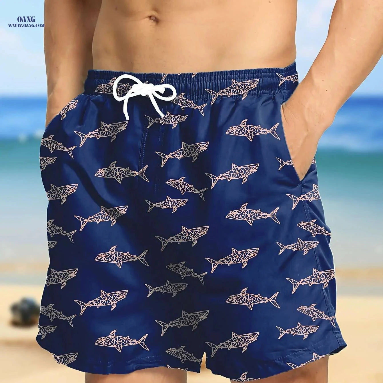 Hawaiian Print Swim Trunks for Men - Quick Dry, Drawstring Beach Shorts   OAXG 