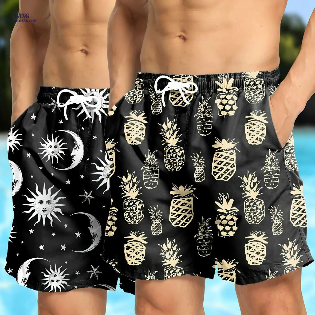 Hawaiian Print Swim Trunks for Men - Quick Dry, Drawstring Beach Shorts   OAXG 