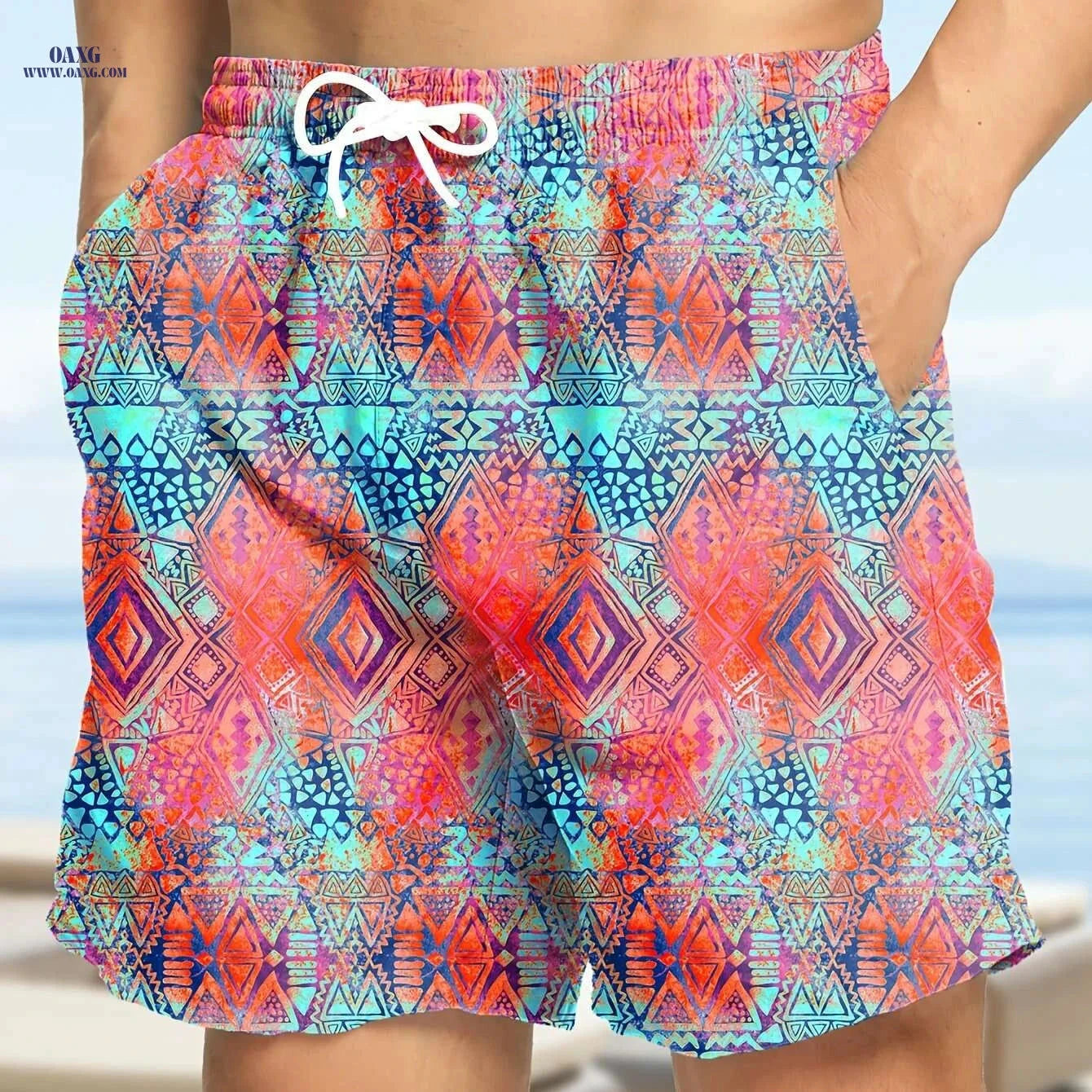 Hawaiian Print Swim Trunks for Men - Quick Dry, Drawstring Beach Shorts   OAXG 