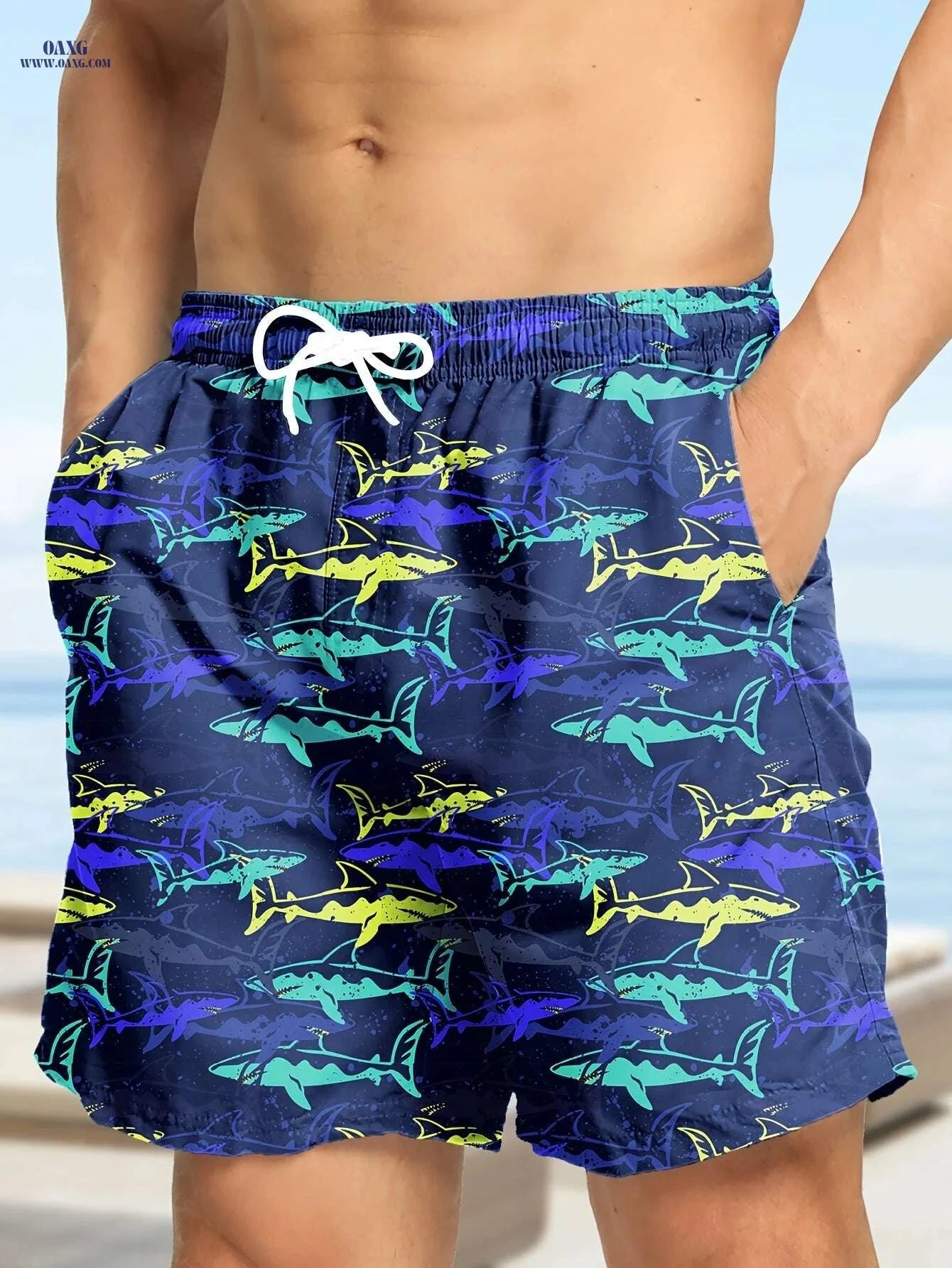 Hawaiian Print Swim Trunks for Men - Quick Dry, Drawstring Beach Shorts   OAXG 