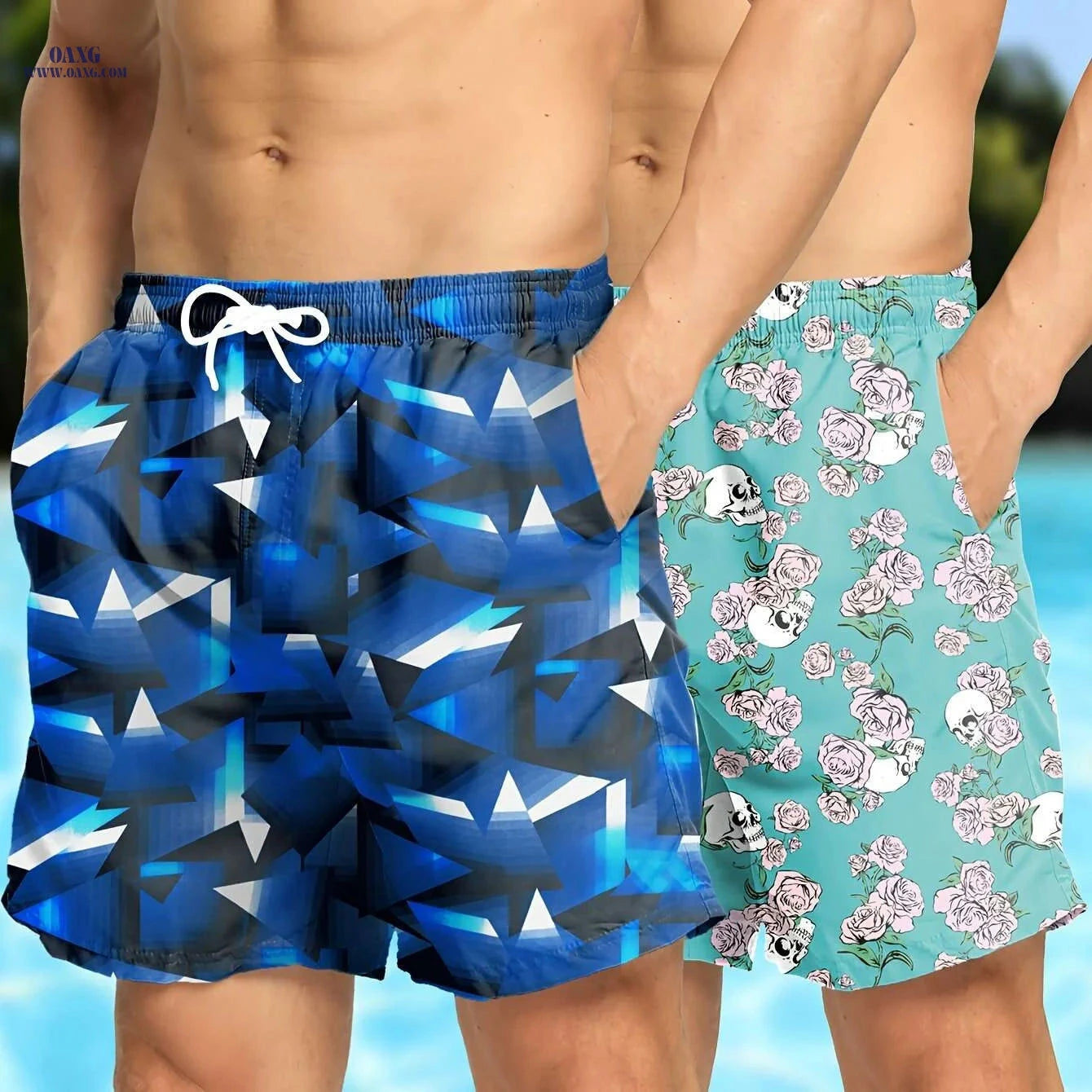 Hawaiian Print Swim Trunks for Men - Quick Dry, Drawstring Beach Shorts   OAXG 