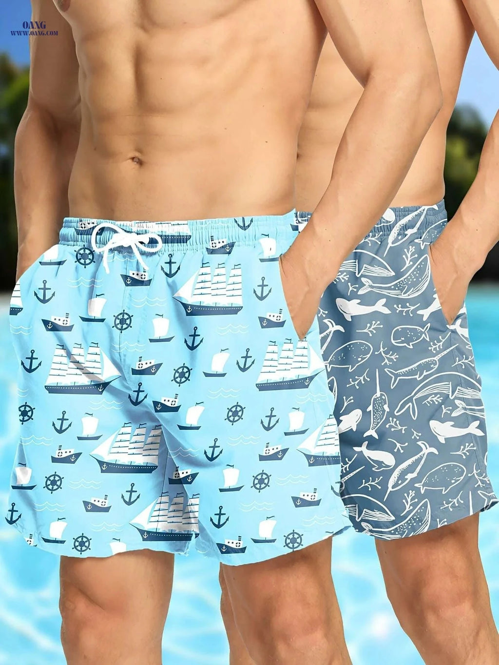 Hawaiian Print Swim Trunks for Men - Quick Dry, Drawstring Beach Shorts   OAXG 